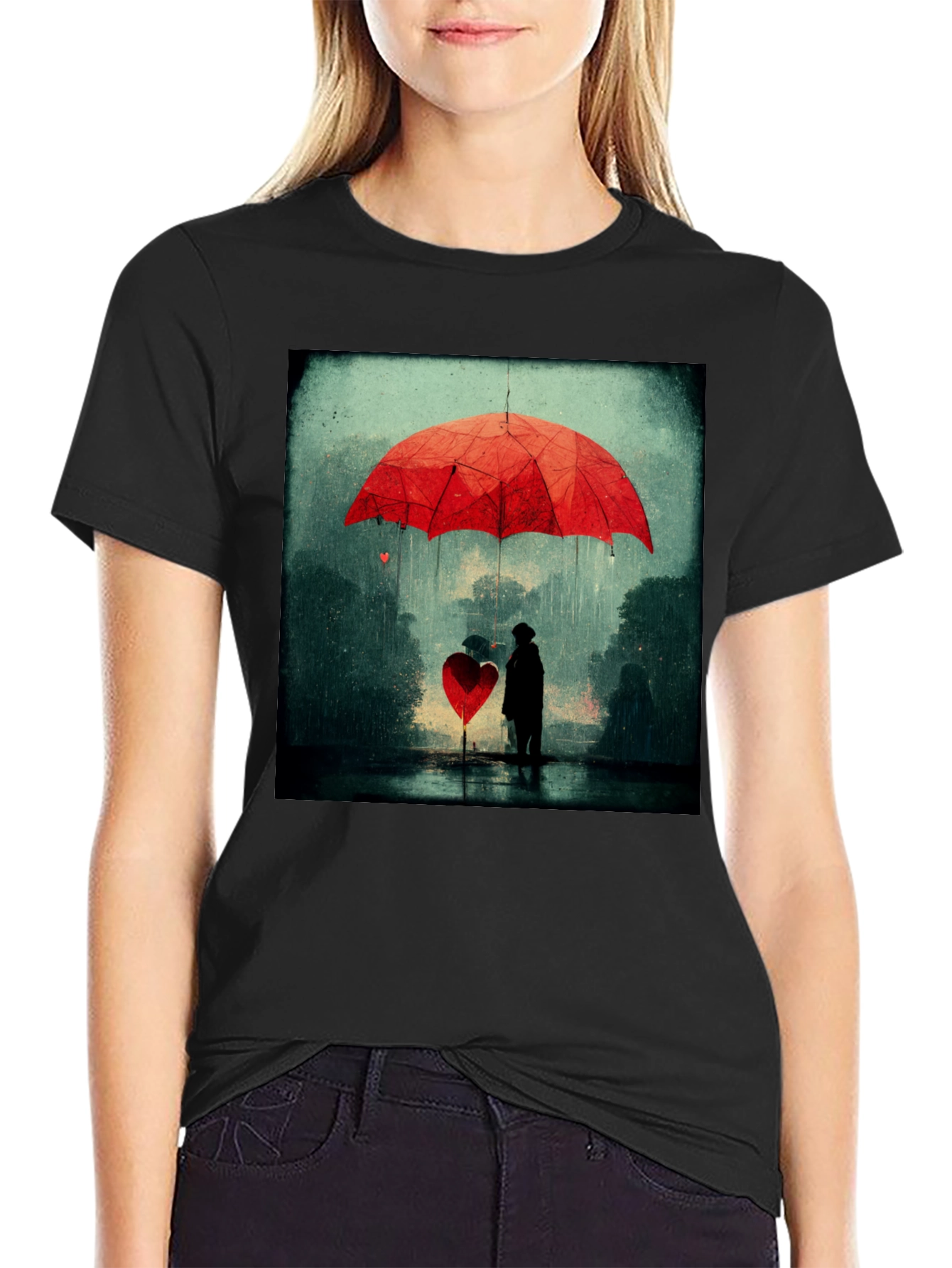 Heart Umbrella Graphic Tee - Artistic Black T-Shirt
