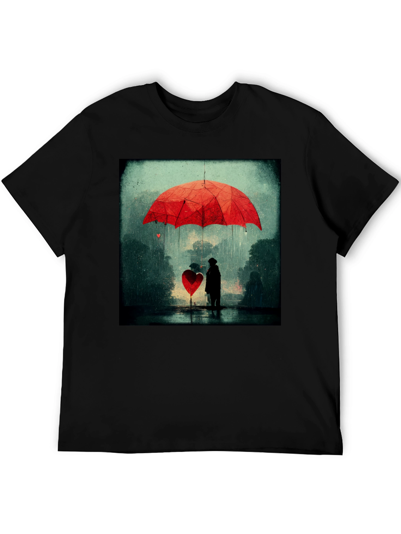 Heart Umbrella Graphic Tee - Artistic Black T-Shirt