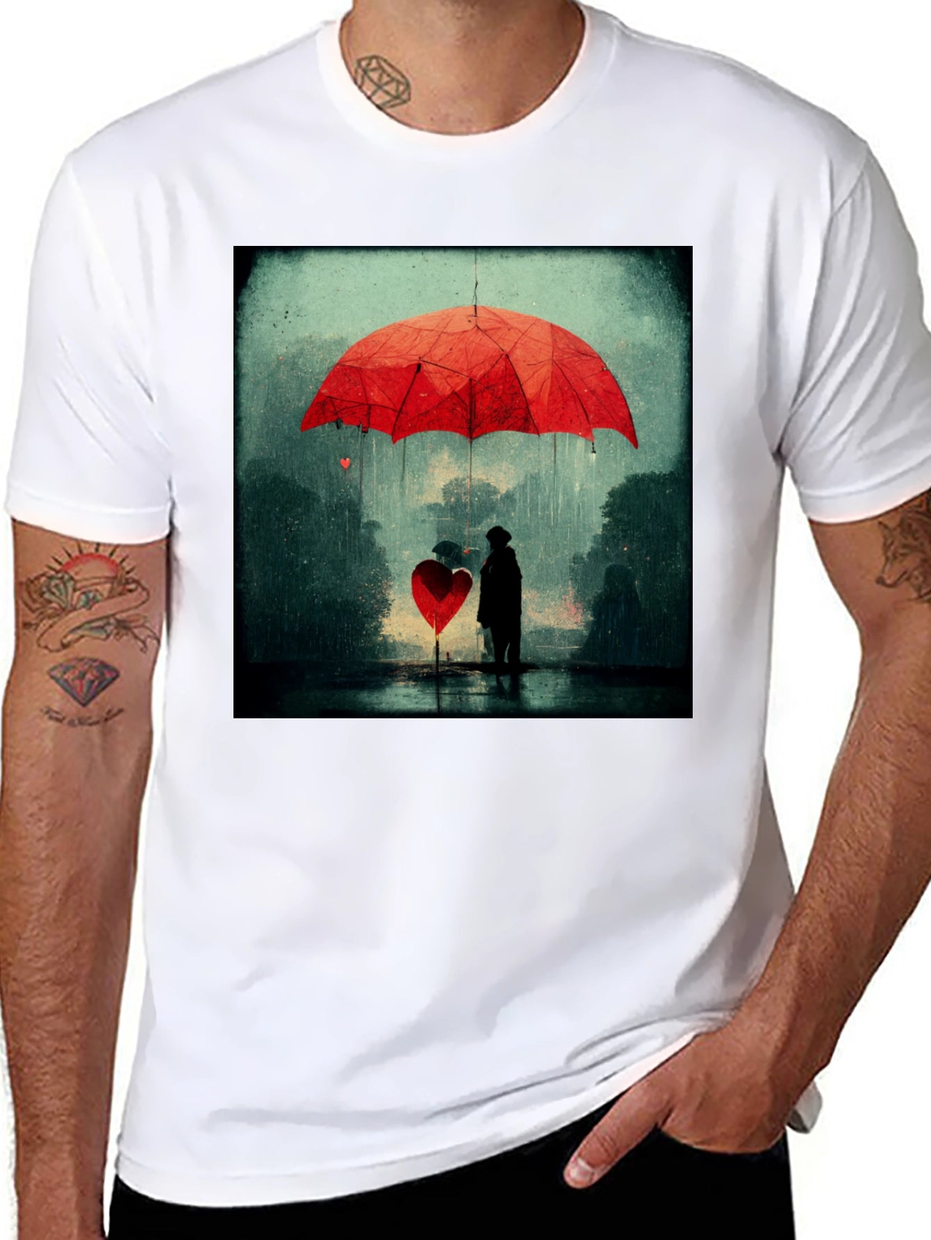 Heart Umbrella Graphic Tee - Artistic Black T-Shirt