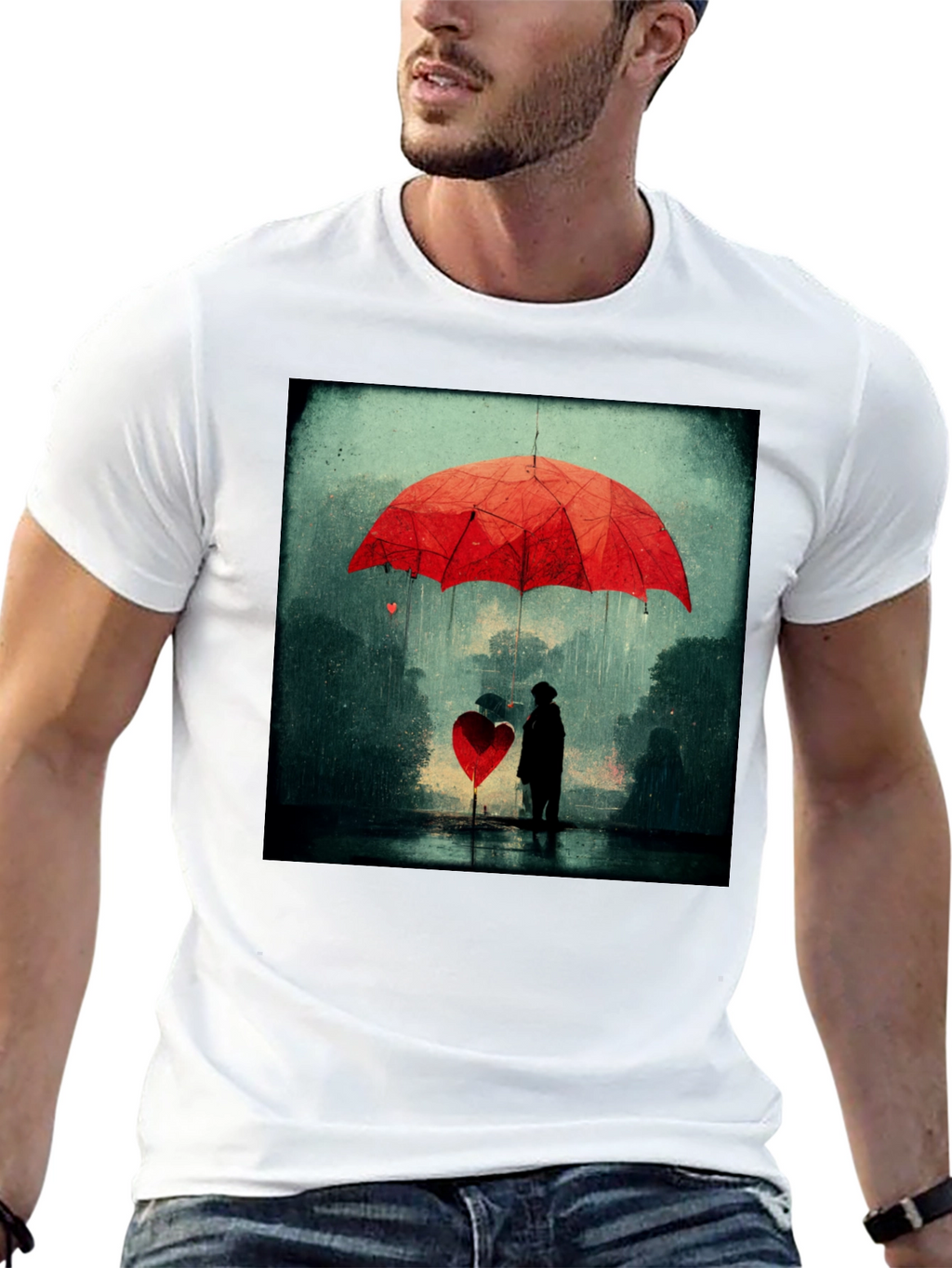 Heart Umbrella Graphic Tee - Artistic Black T-Shirt