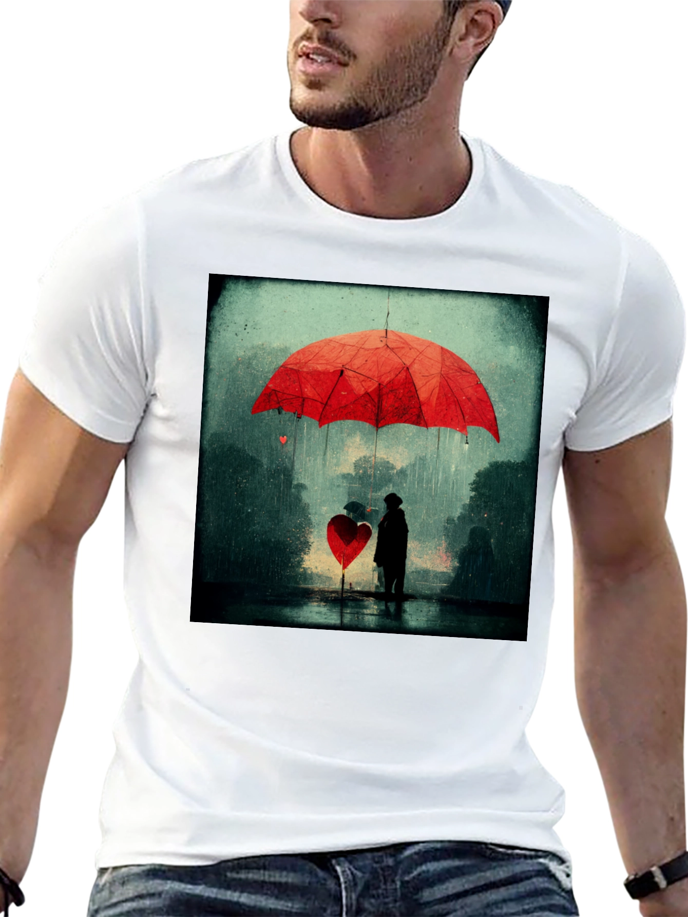 Heart Umbrella Graphic Tee - Artistic Black T-Shirt