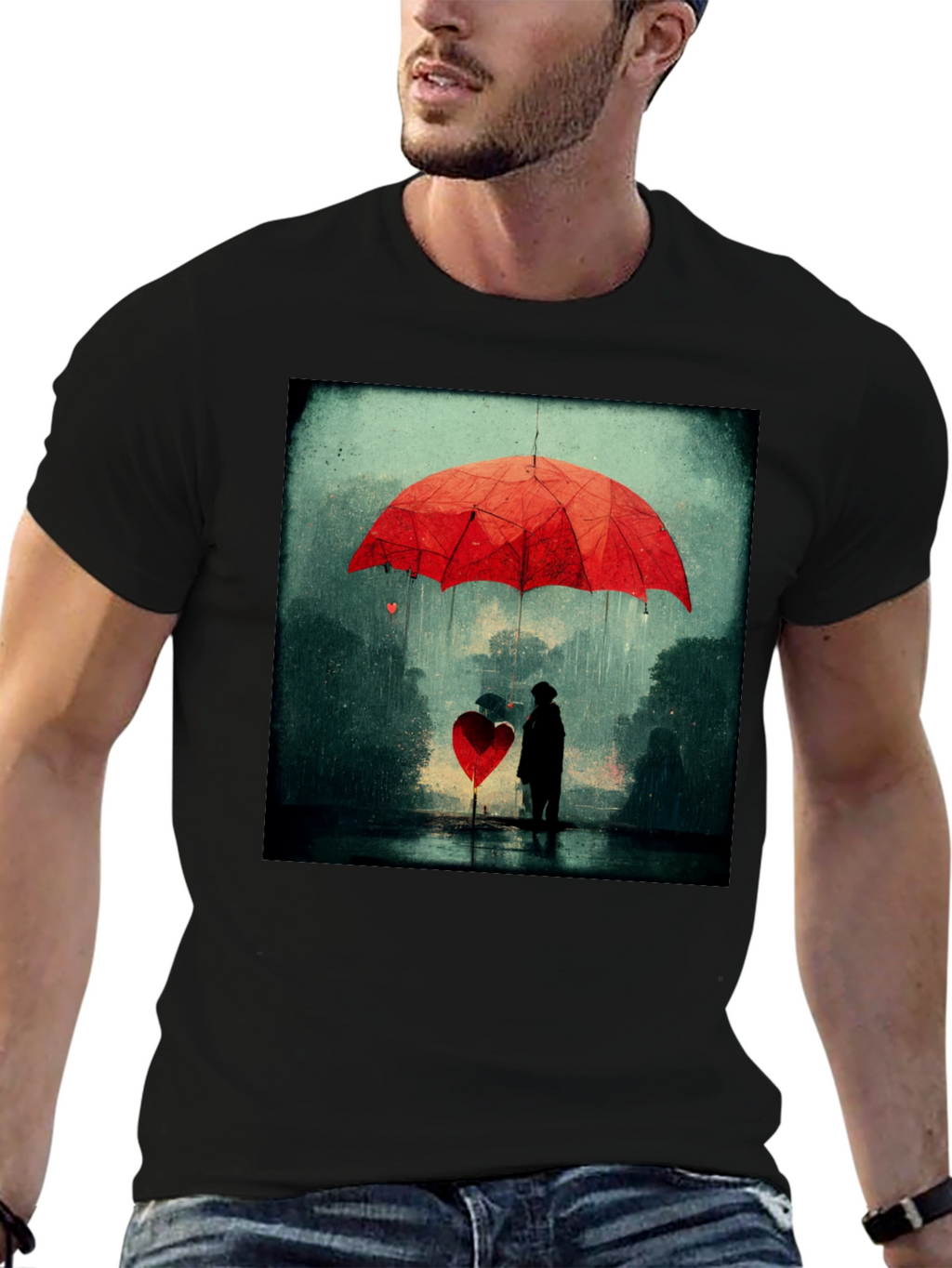 Heart Umbrella Graphic Tee - Artistic Black T-Shirt