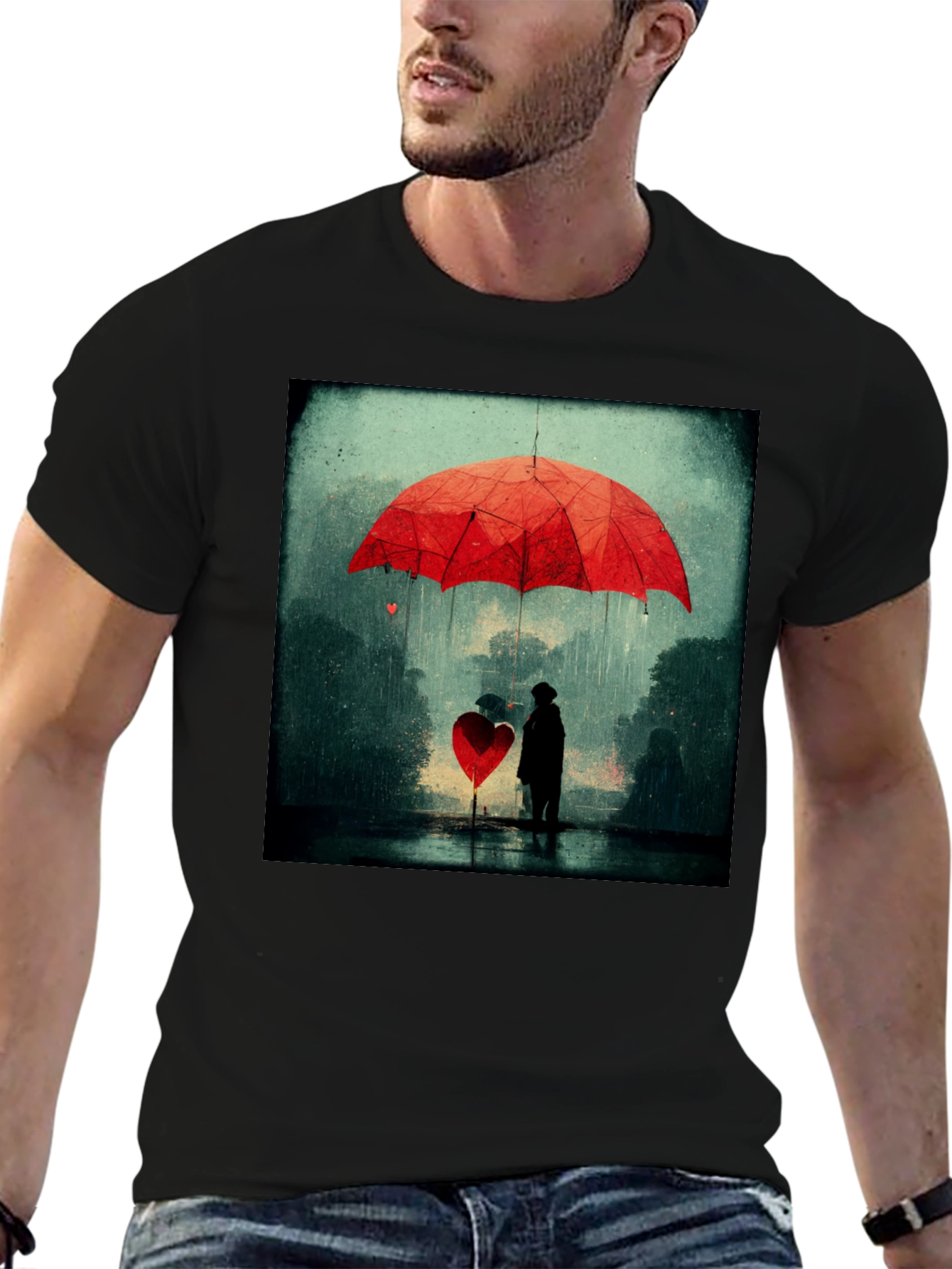 Heart Umbrella Graphic Tee - Artistic Black T-Shirt