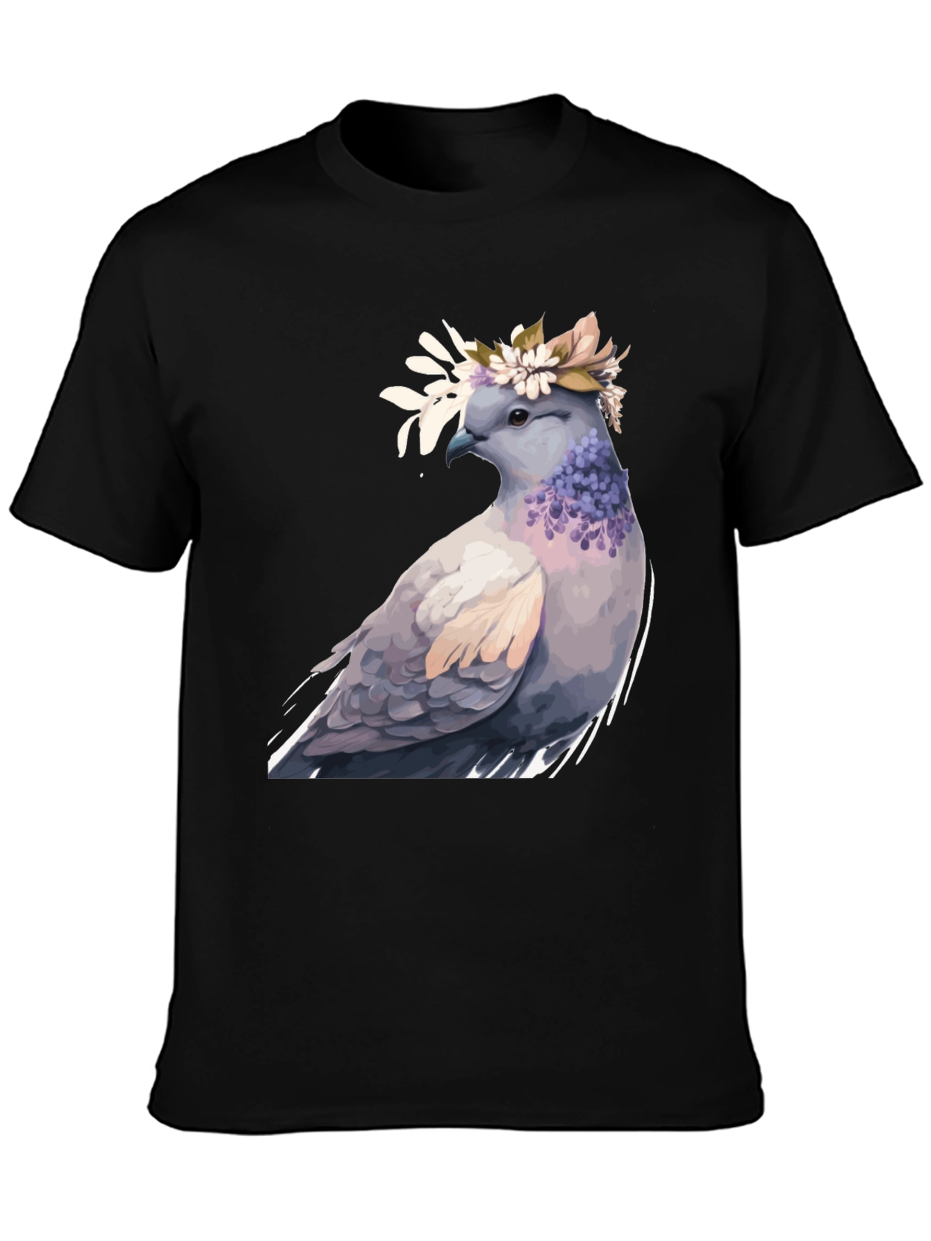Dove with Flower Crown T-Shirt - Black