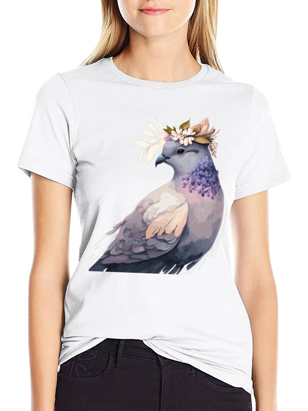 Dove with Flower Crown T-Shirt - Black