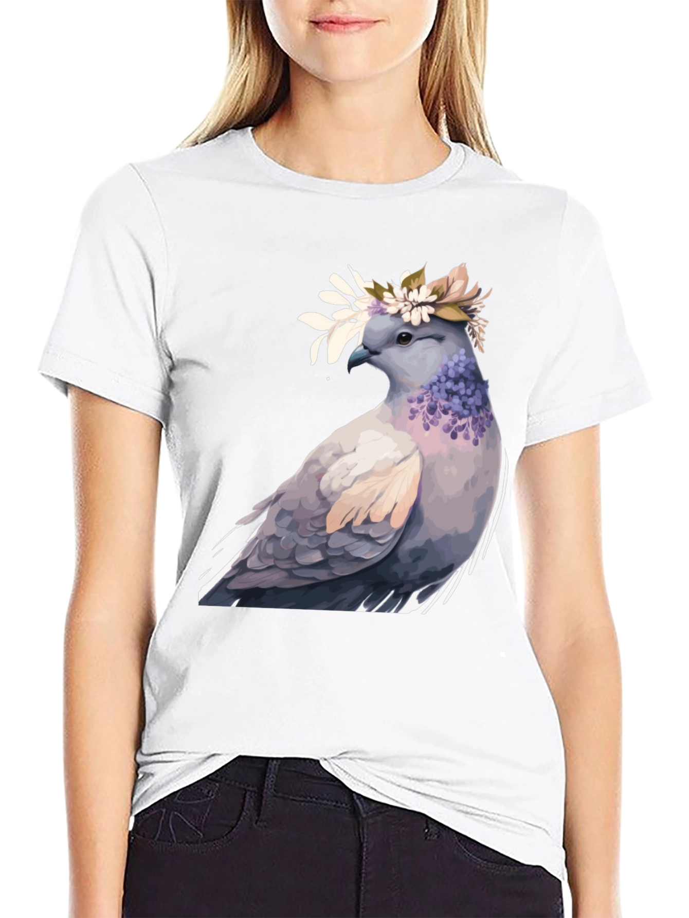 Dove with Flower Crown T-Shirt - Black