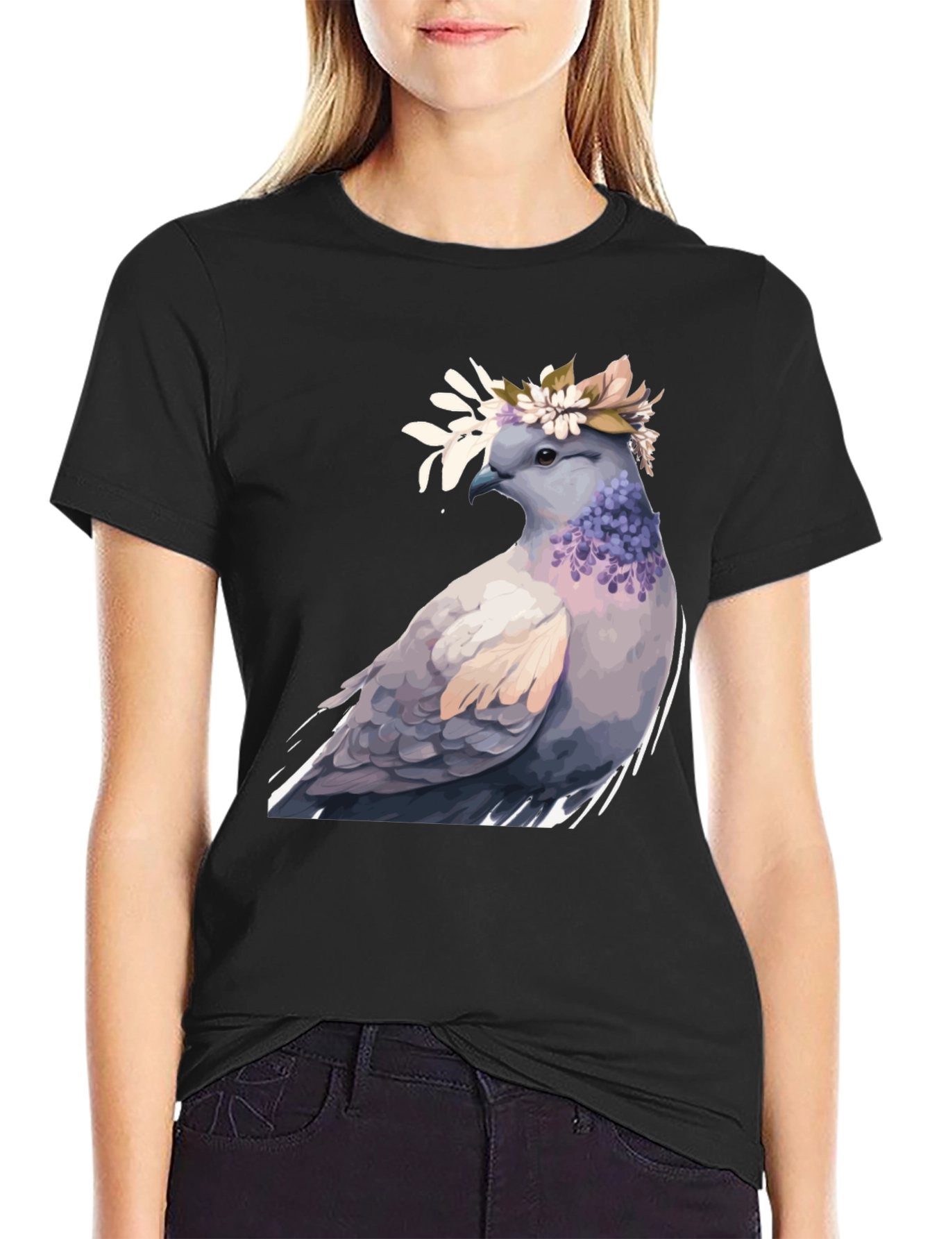 Dove with Flower Crown T-Shirt - Black