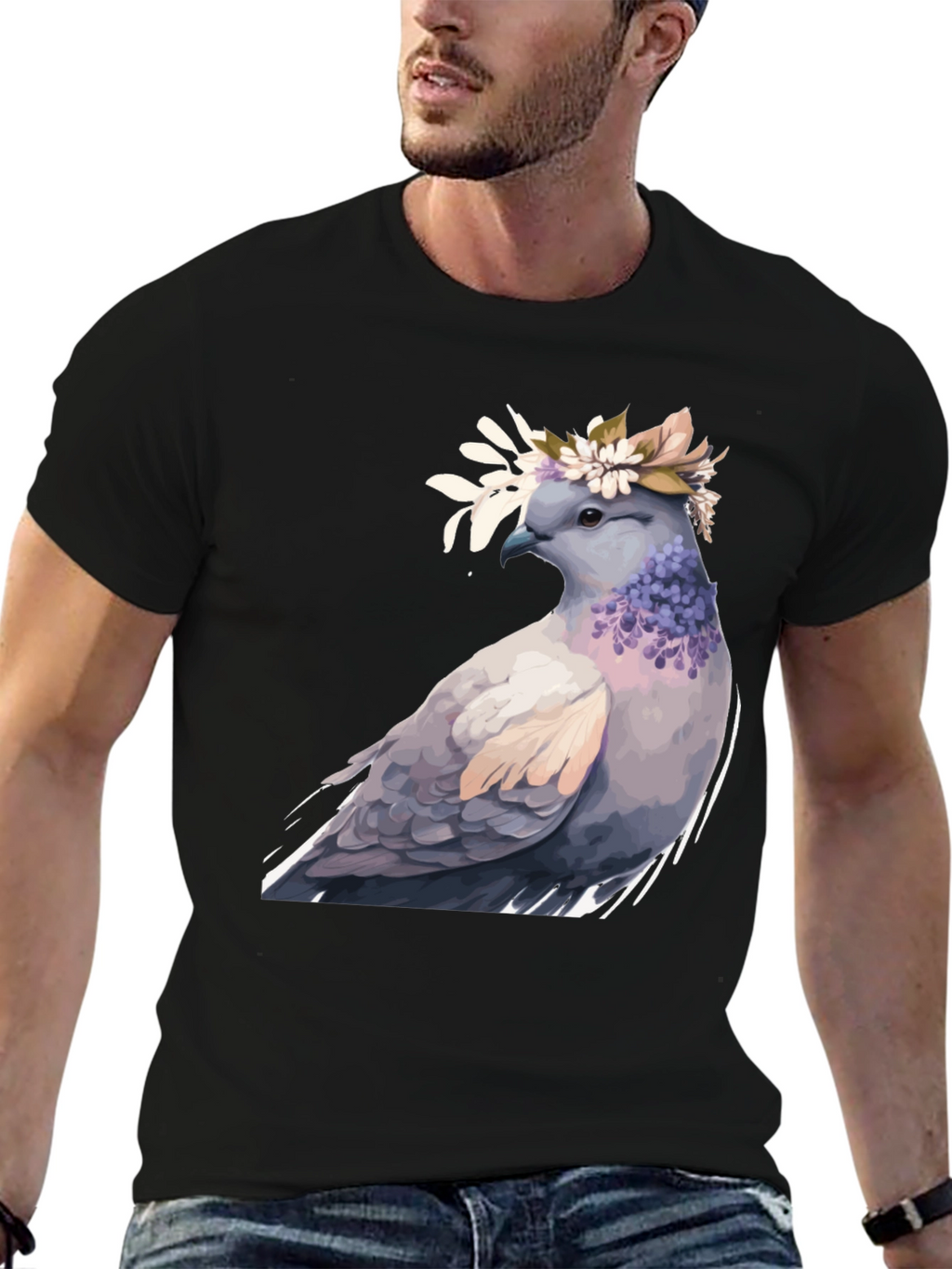 Dove with Flower Crown T-Shirt - Black