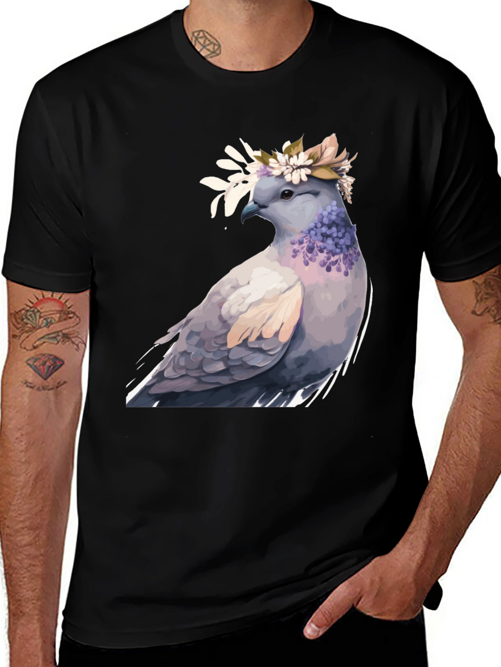 Dove with Flower Crown T-Shirt - Black