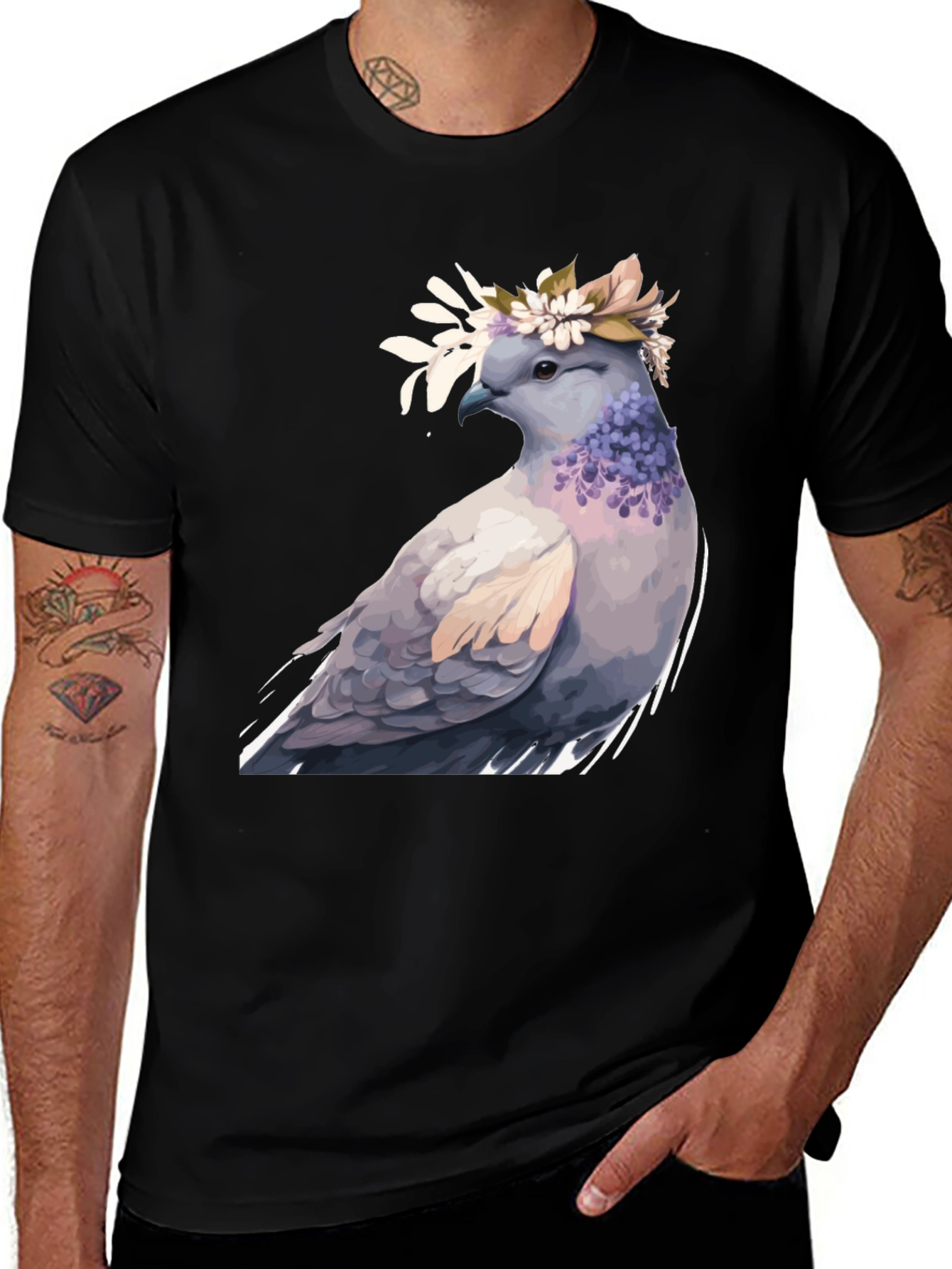 Dove with Flower Crown T-Shirt - Black