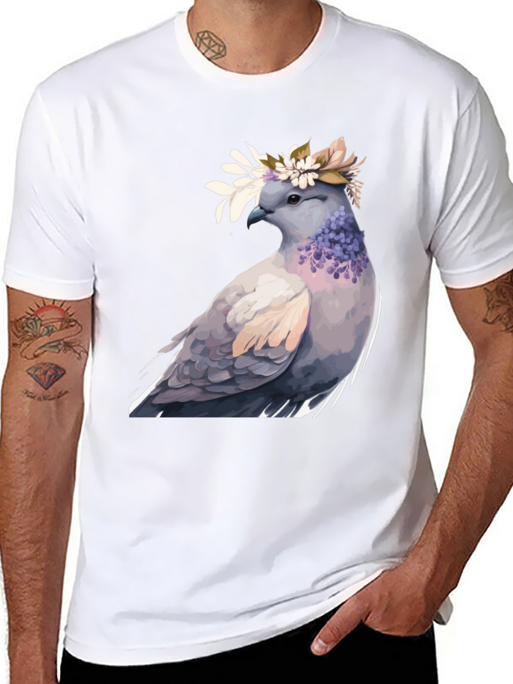 Dove with Flower Crown T-Shirt - Black