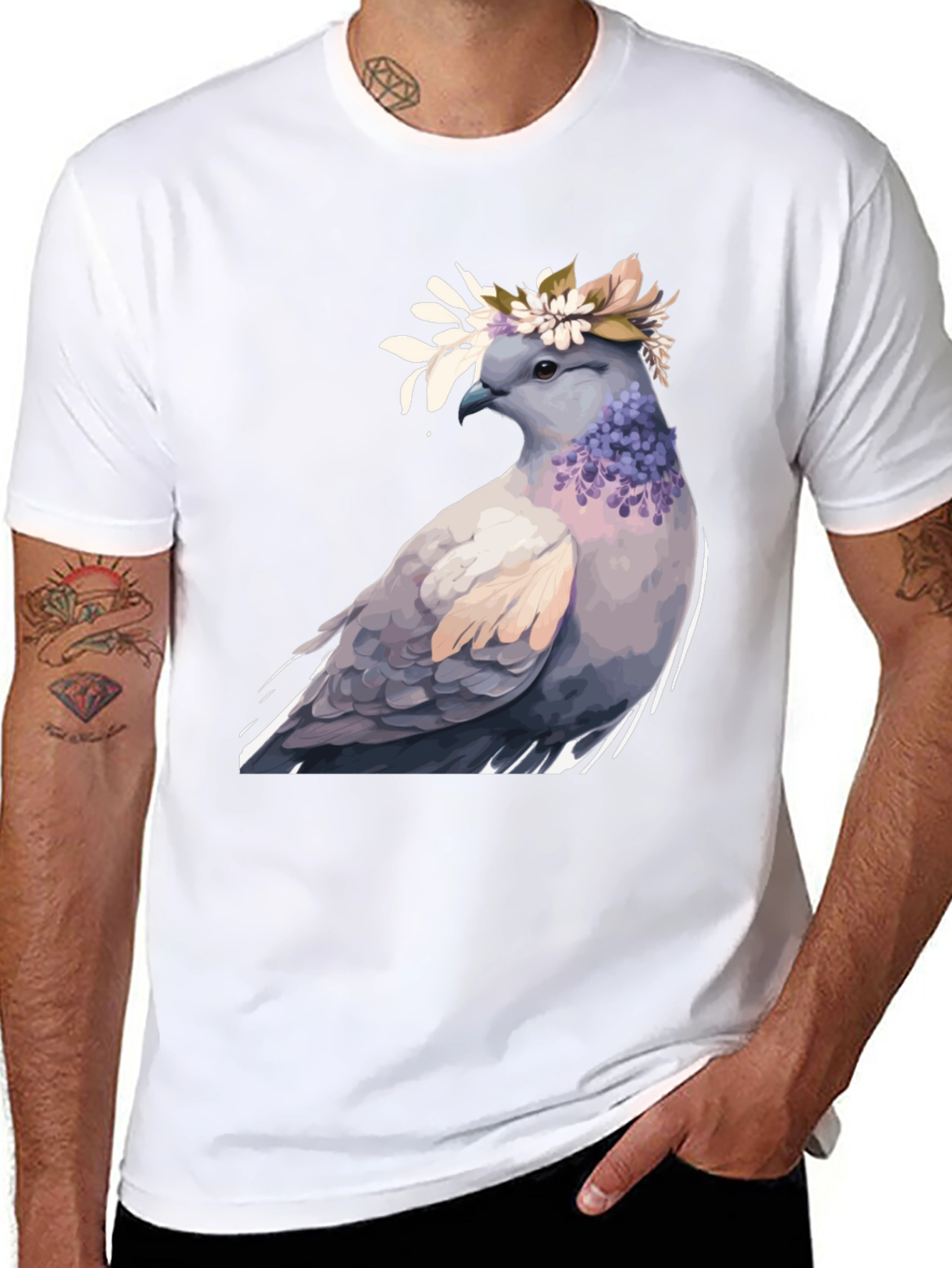 Dove with Flower Crown T-Shirt - Black