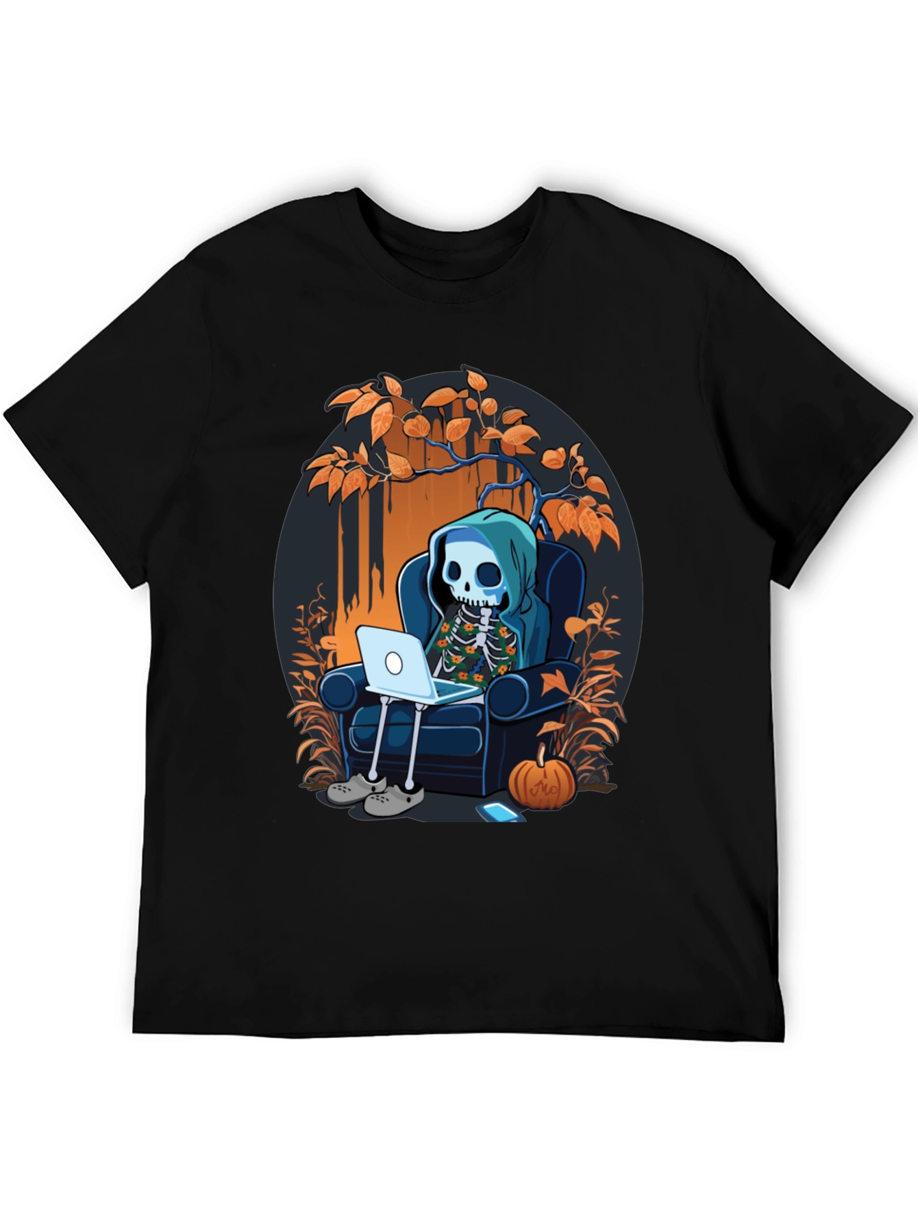 Skeleton Laptop Tee: Cozy Halloween Vibes