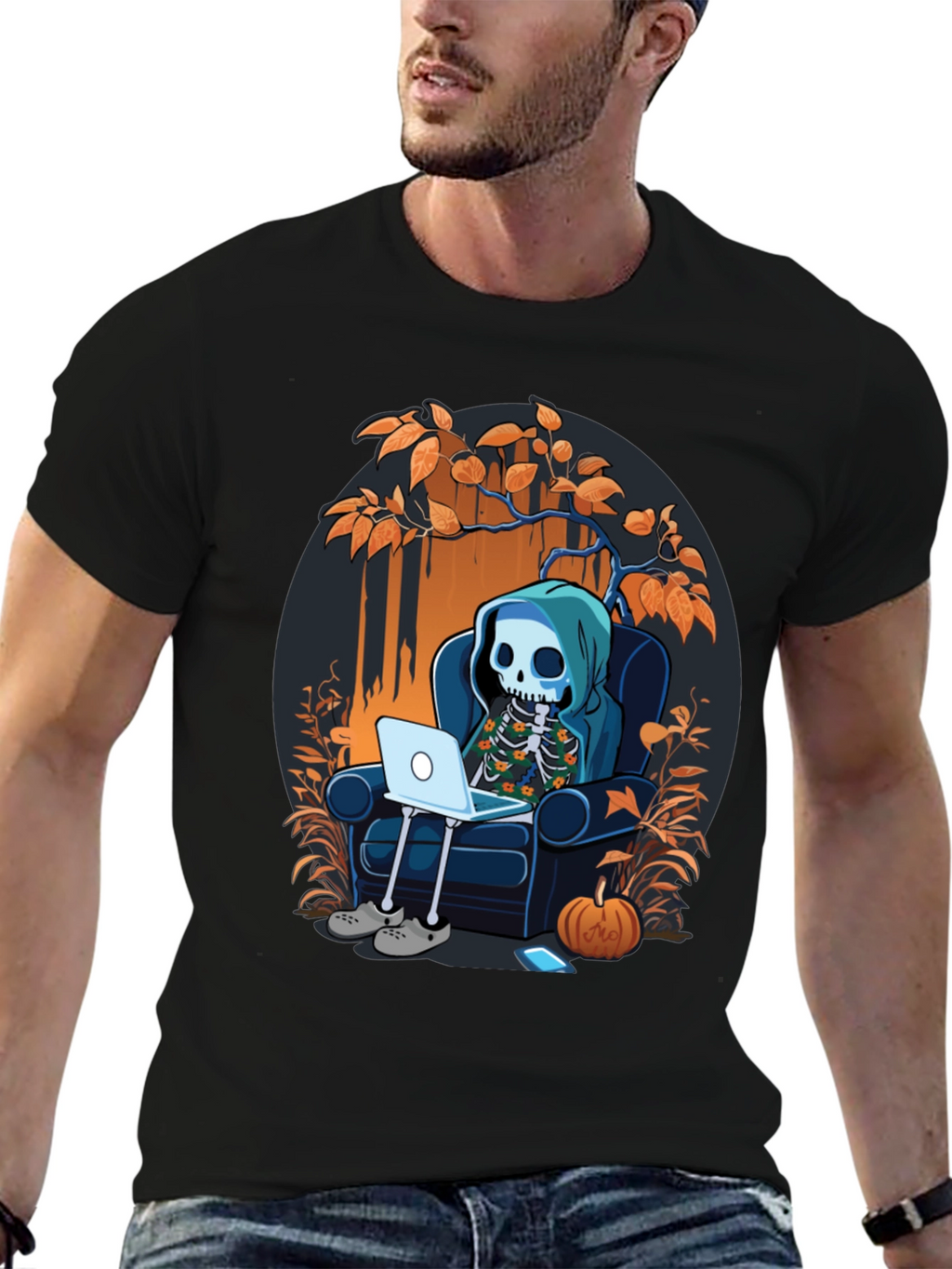 Skeleton Laptop Tee: Cozy Halloween Vibes
