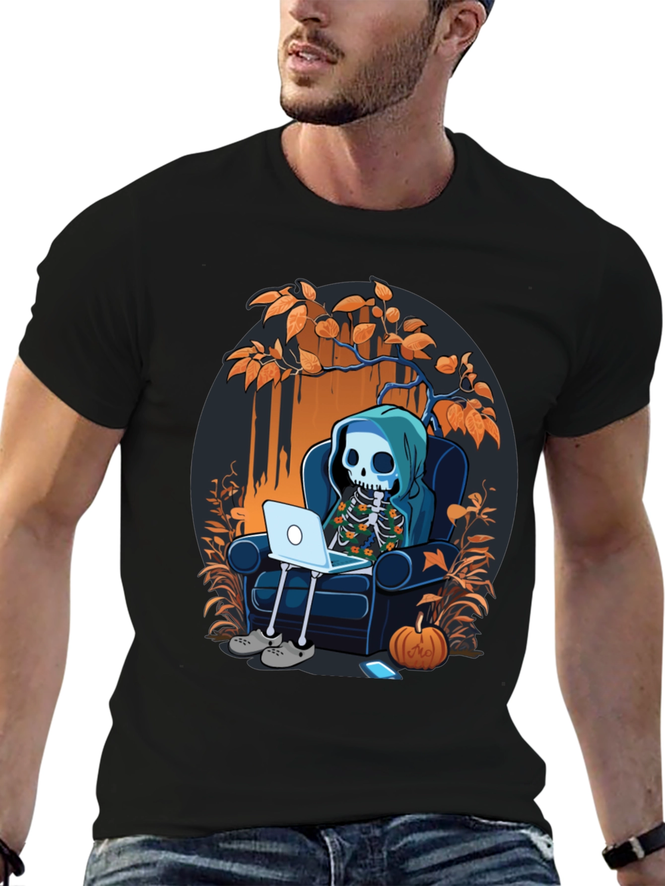 Skeleton Laptop Tee: Cozy Halloween Vibes