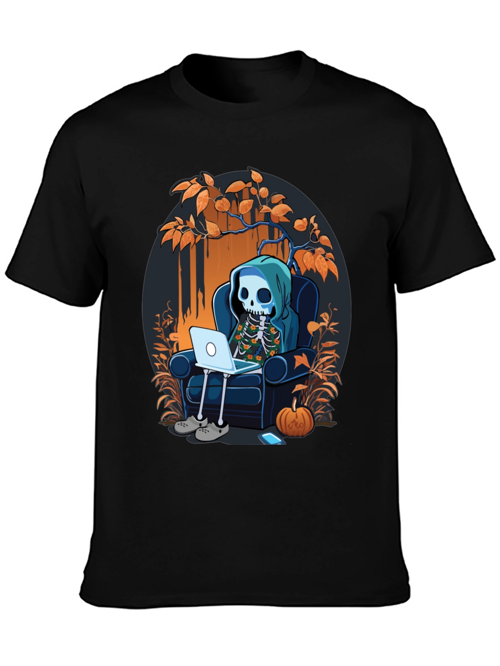 Skeleton Laptop Tee: Cozy Halloween Vibes