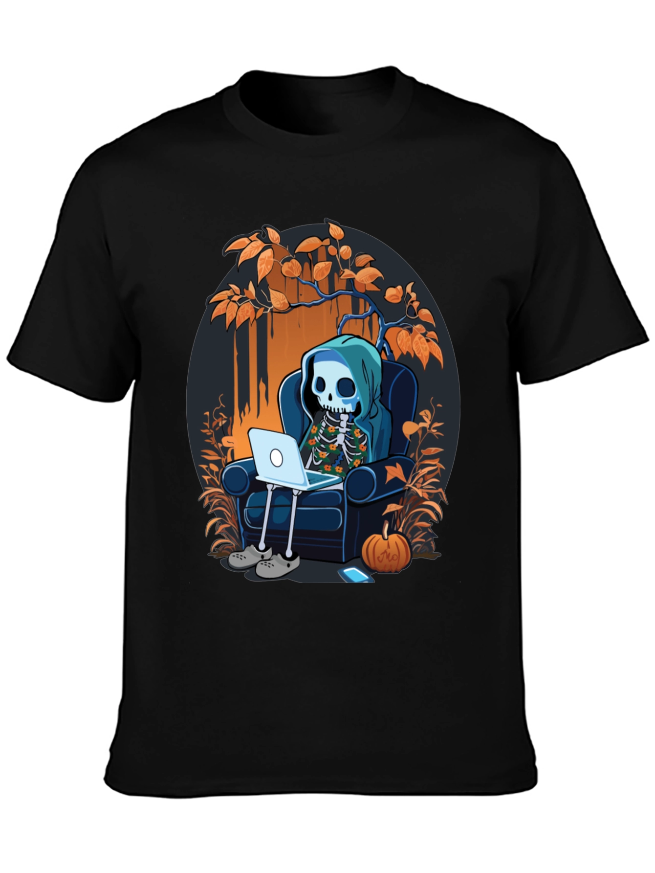 Skeleton Laptop Tee: Cozy Halloween Vibes