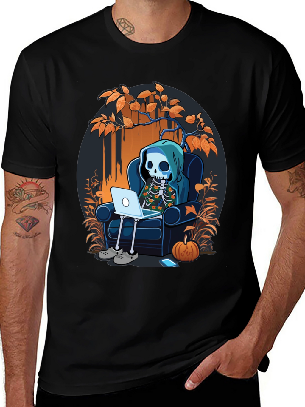 Skeleton Laptop Tee: Cozy Halloween Vibes