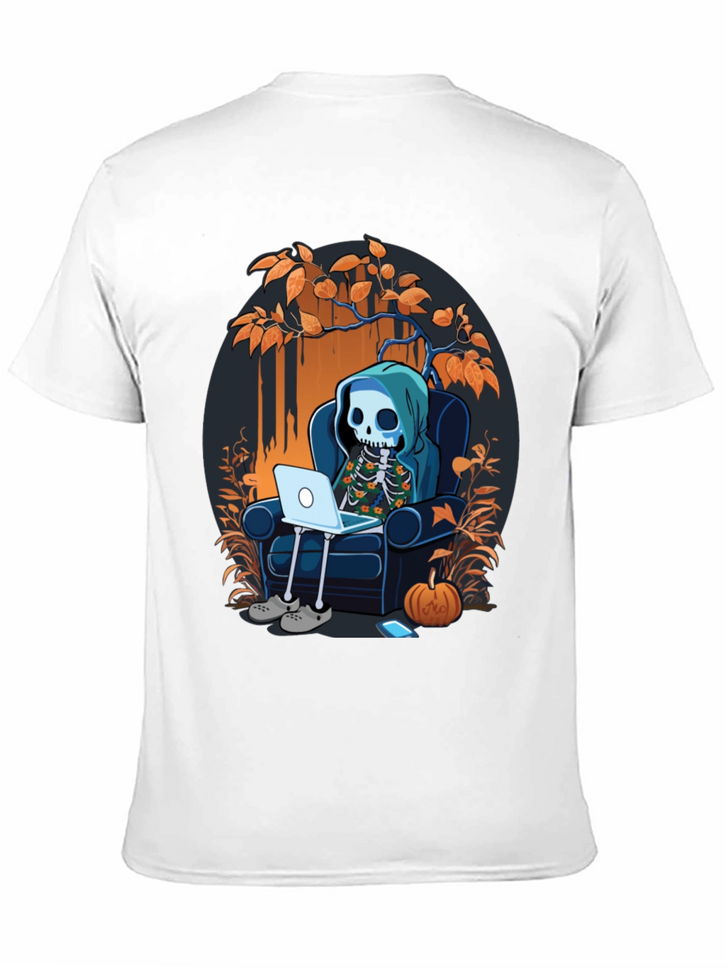 Skeleton Laptop Tee: Cozy Halloween Vibes