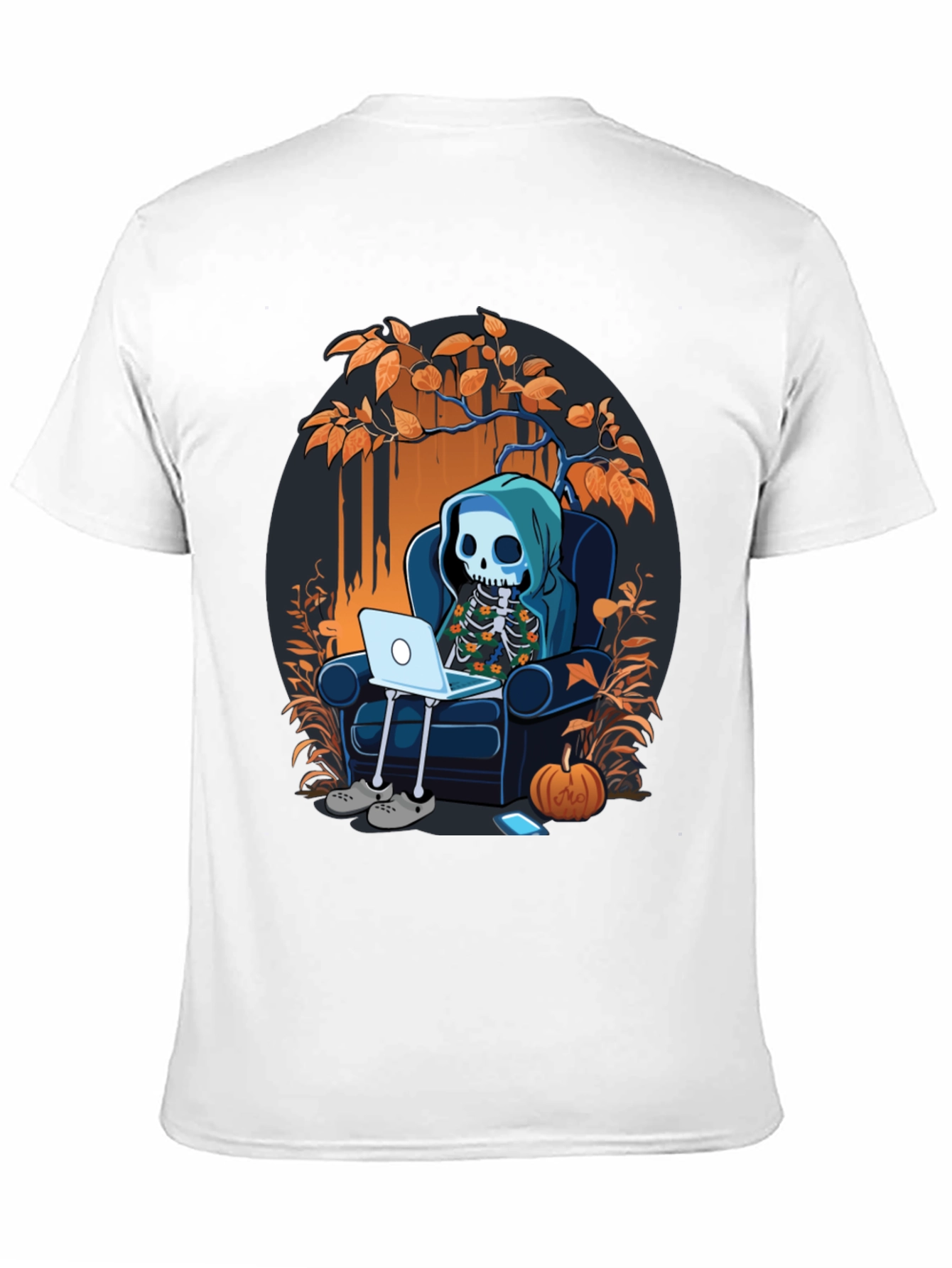 Skeleton Laptop Tee: Cozy Halloween Vibes