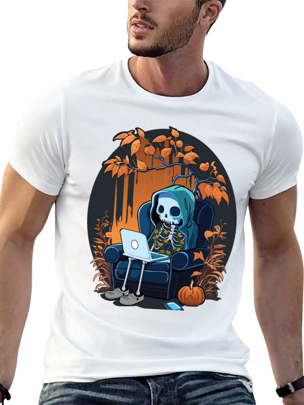 Skeleton Laptop Tee: Cozy Halloween Vibes