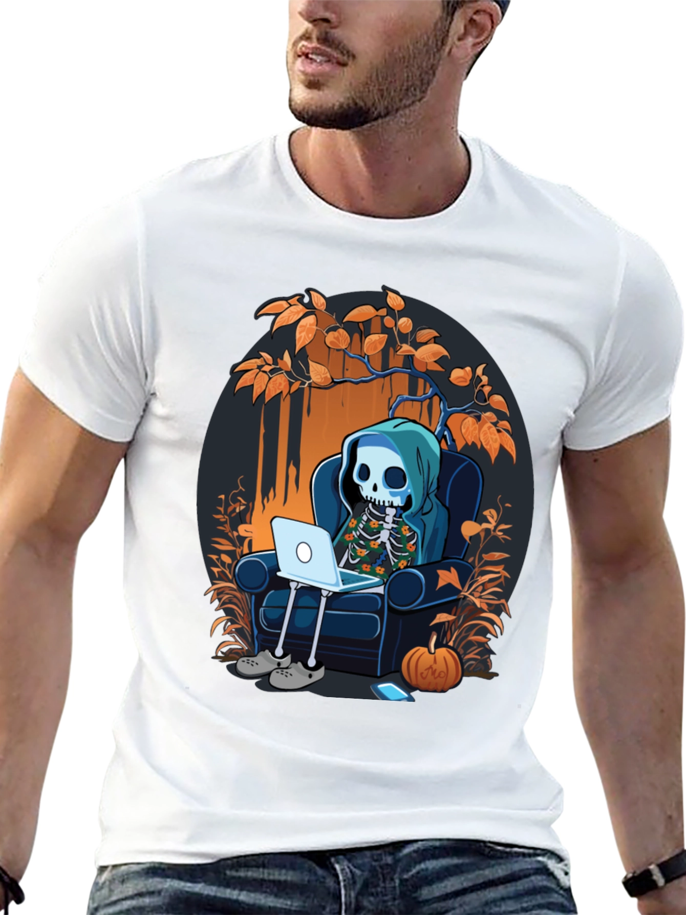 Skeleton Laptop Tee: Cozy Halloween Vibes