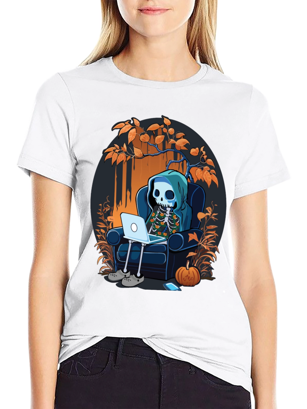 Skeleton Laptop Tee: Cozy Halloween Vibes
