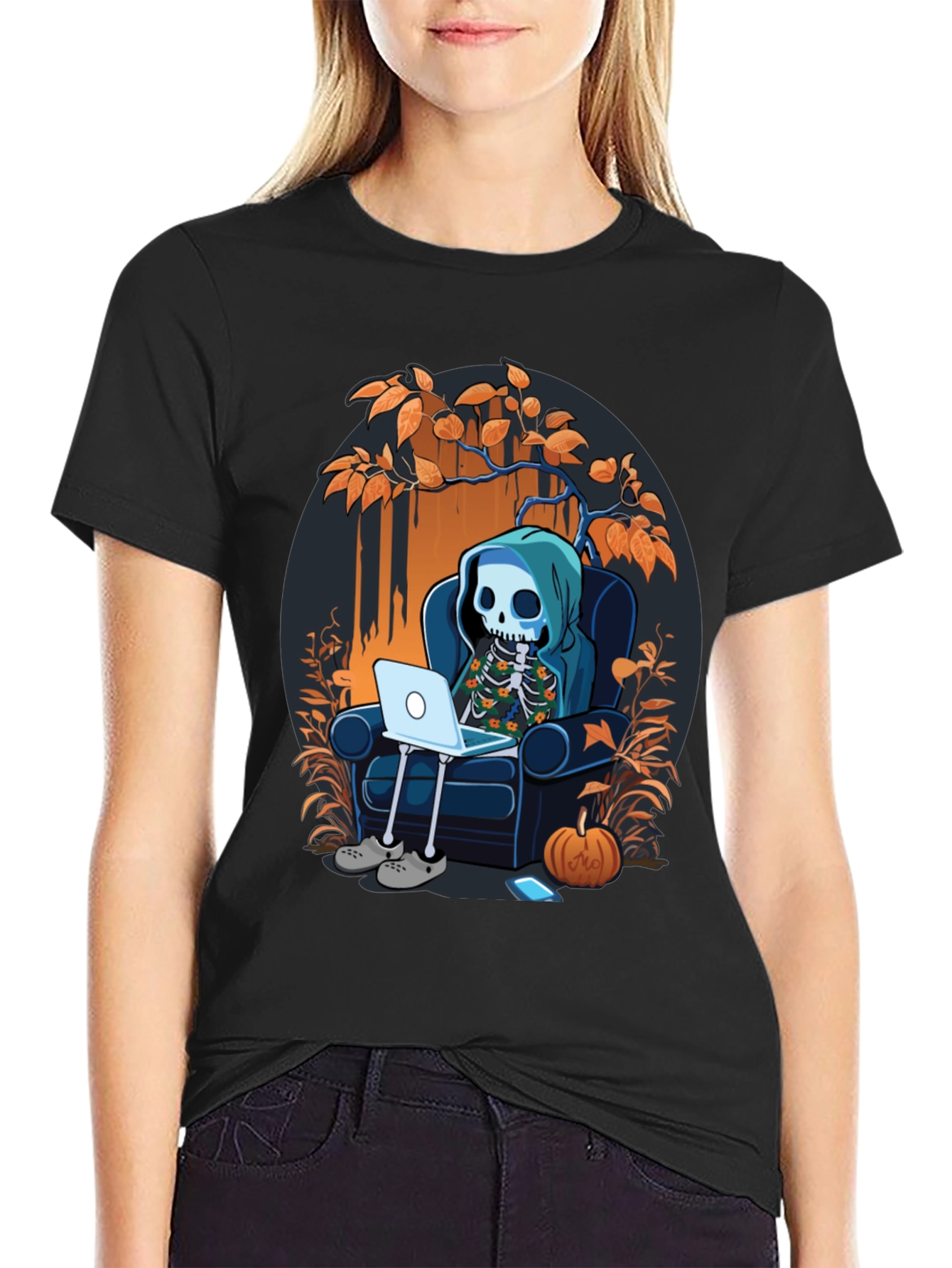 Skeleton Laptop Tee: Cozy Halloween Vibes