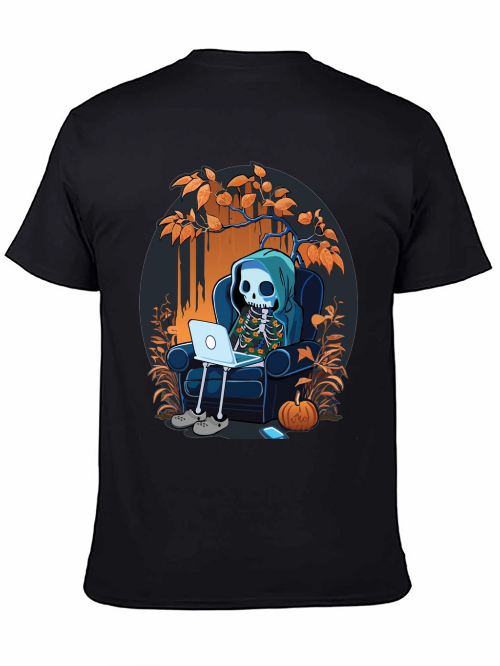 Skeleton Laptop Tee: Cozy Halloween Vibes