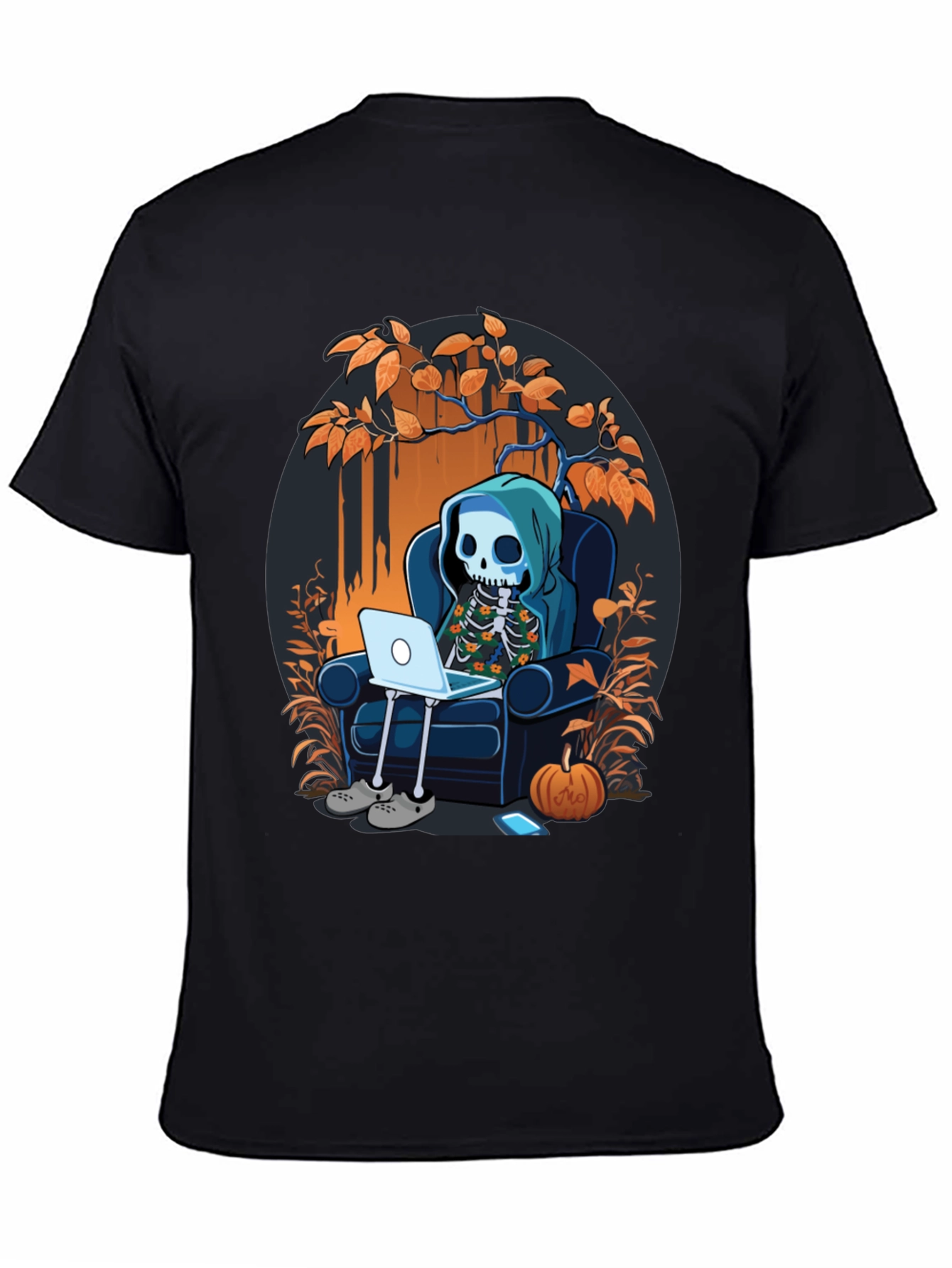 Skeleton Laptop Tee: Cozy Halloween Vibes