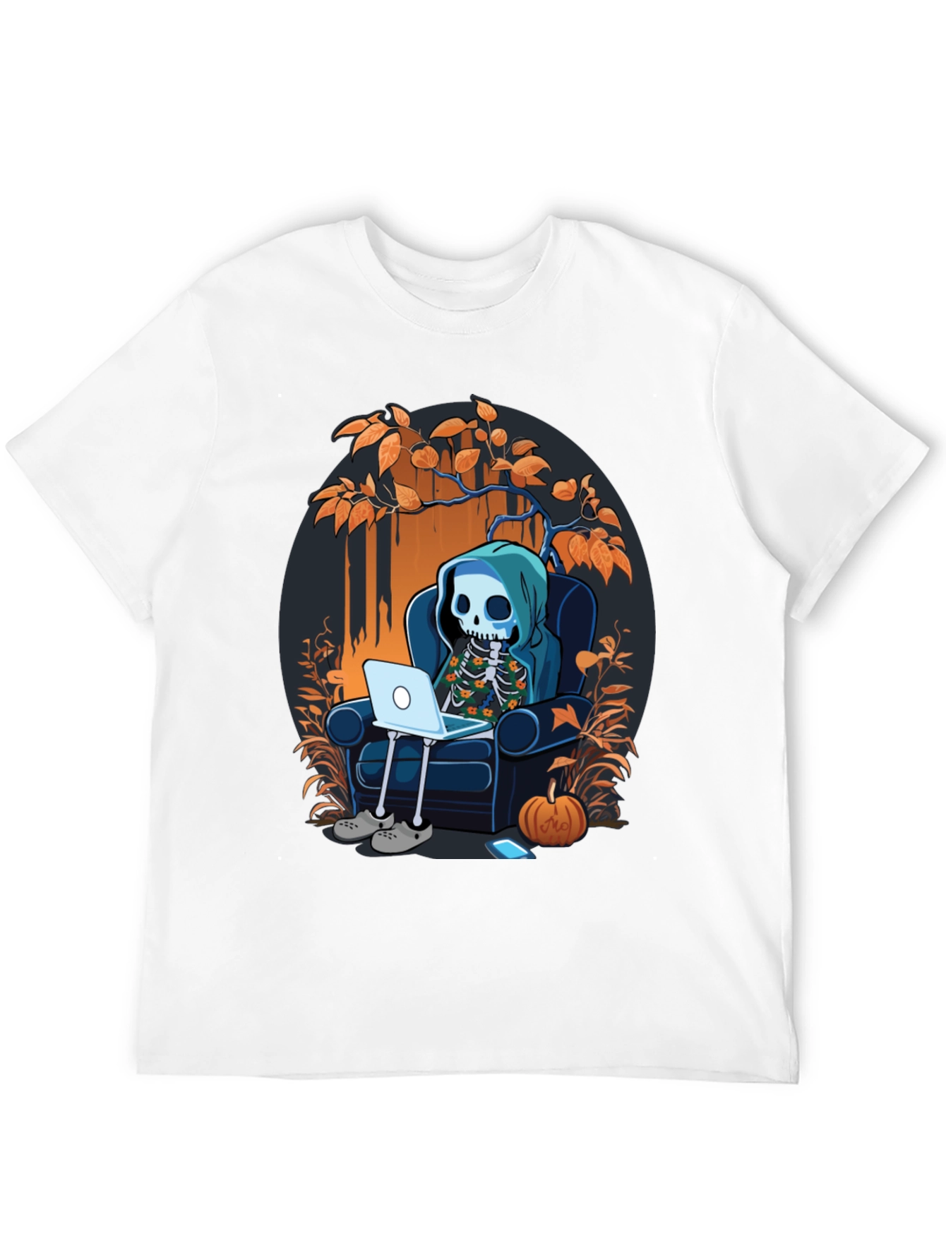 Skeleton Laptop Tee: Cozy Halloween Vibes