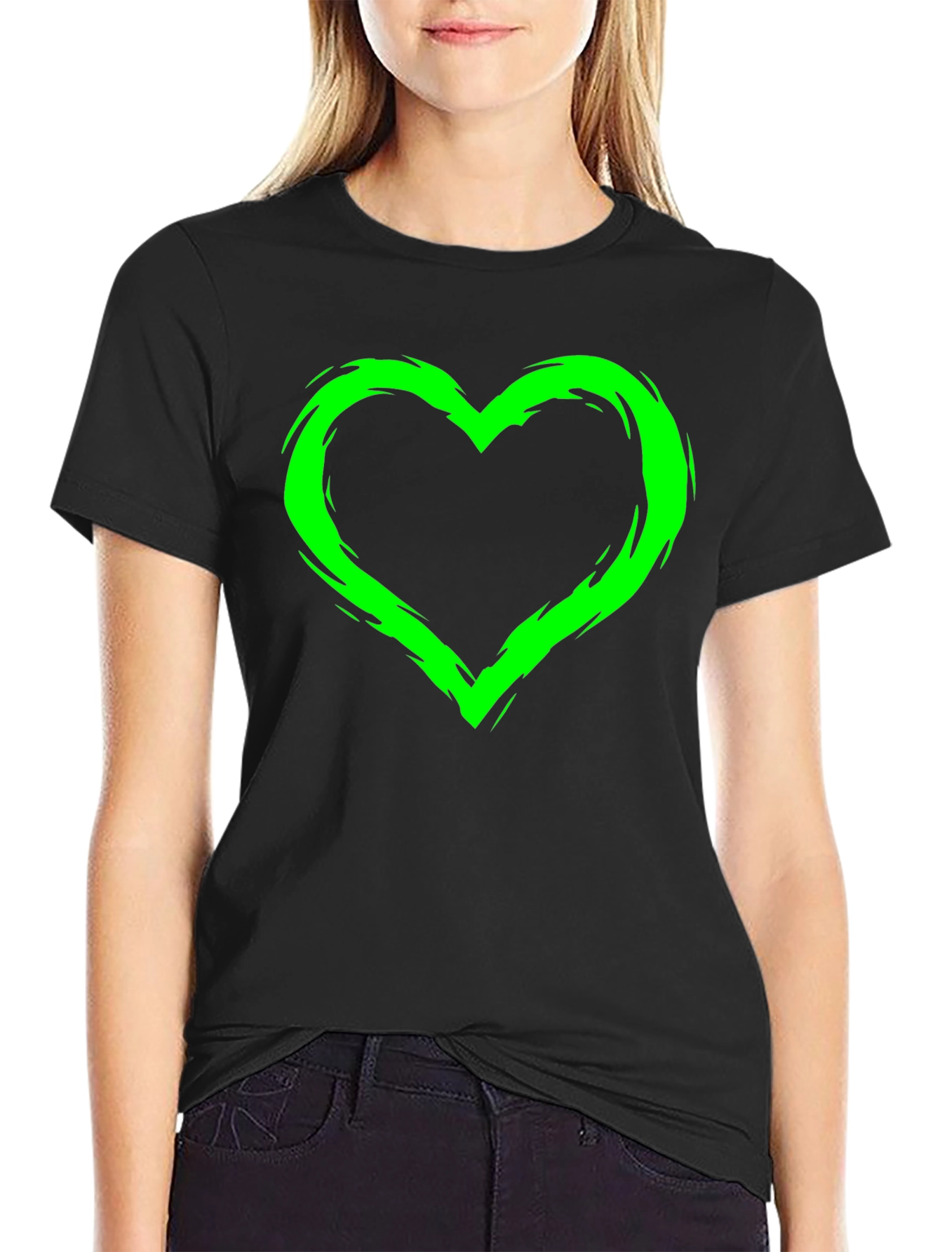 Green Heart Graphic Black T-Shirt