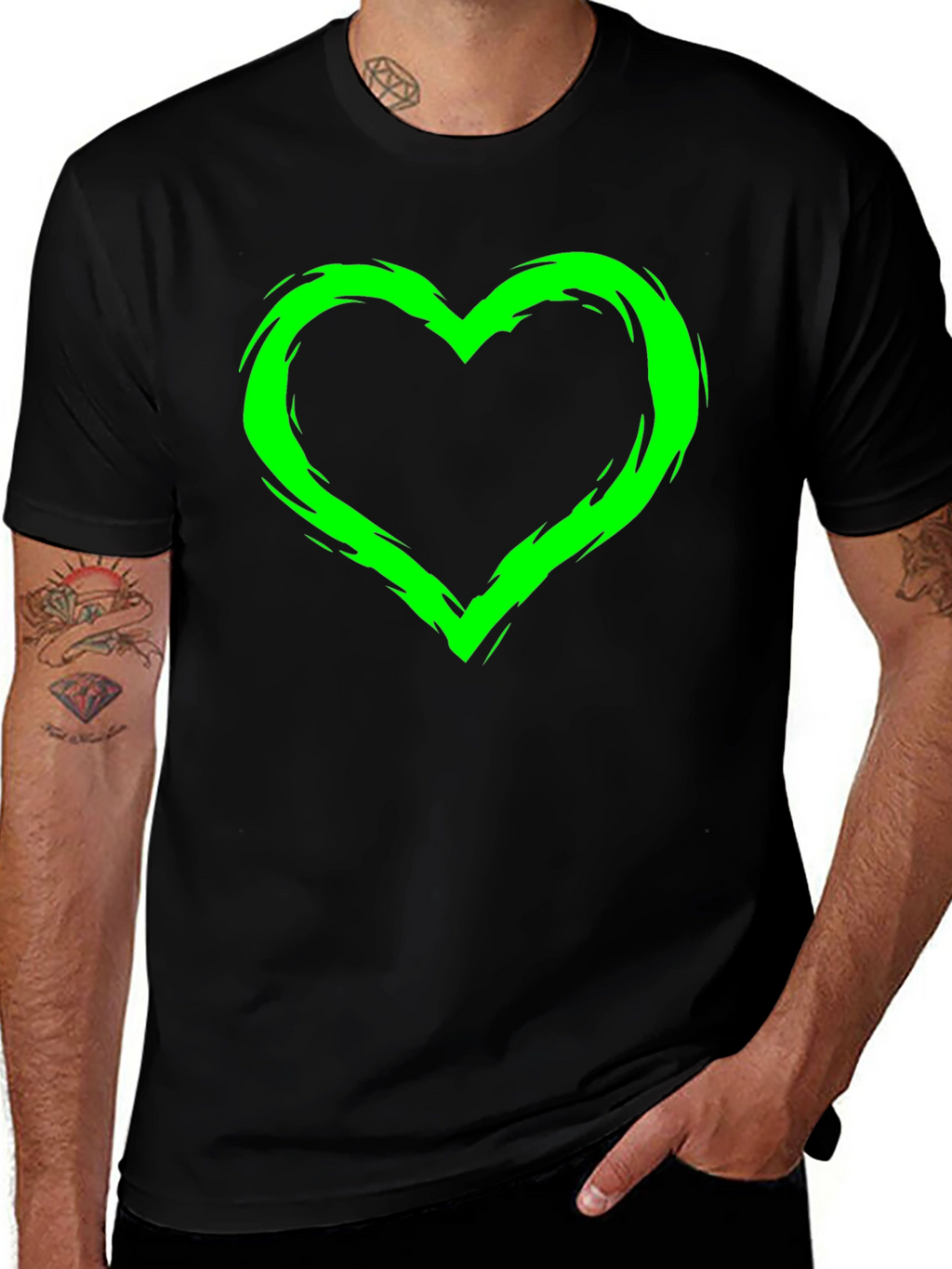 Green Heart Graphic Black T-Shirt