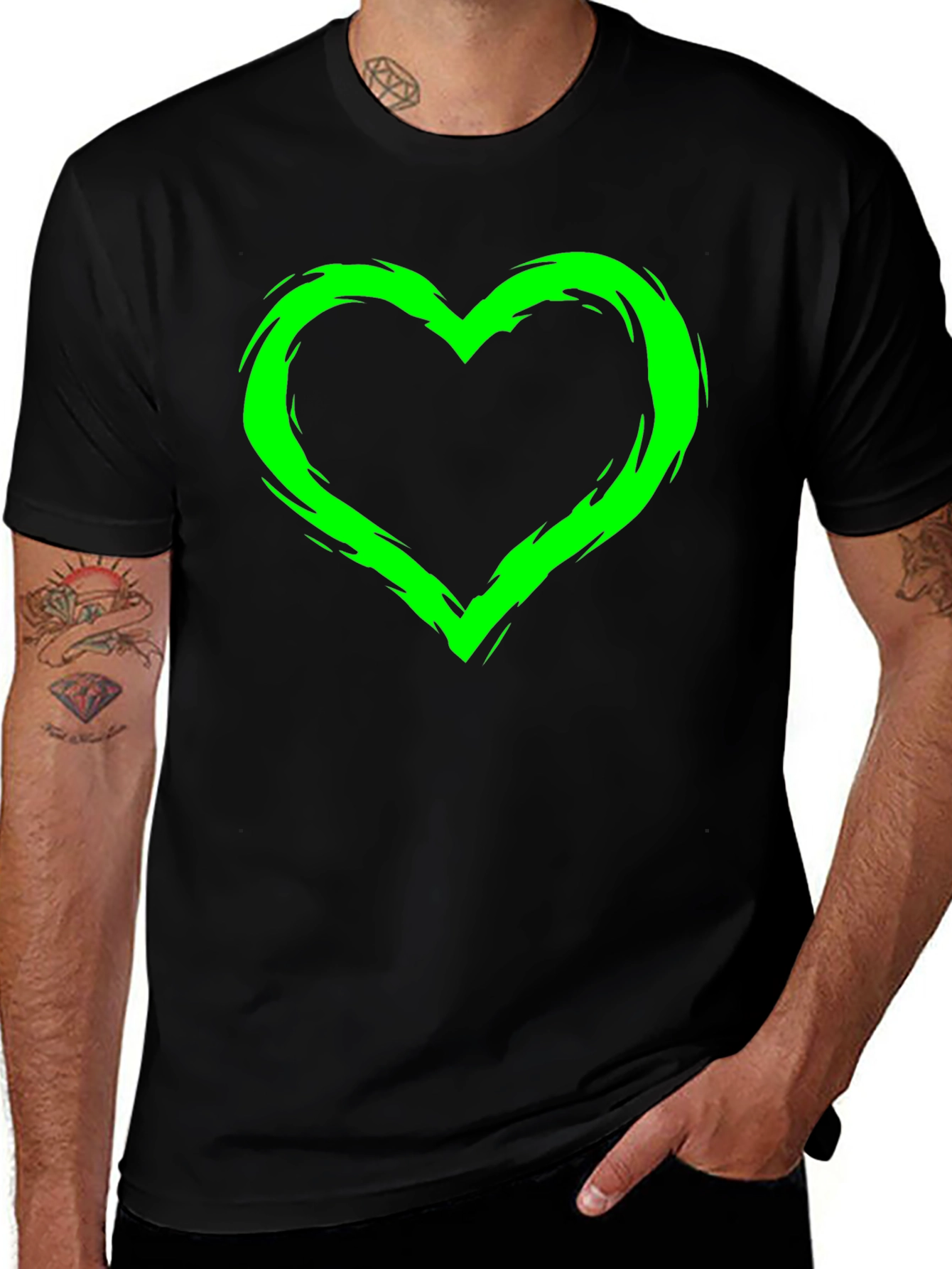 Green Heart Graphic Black T-Shirt