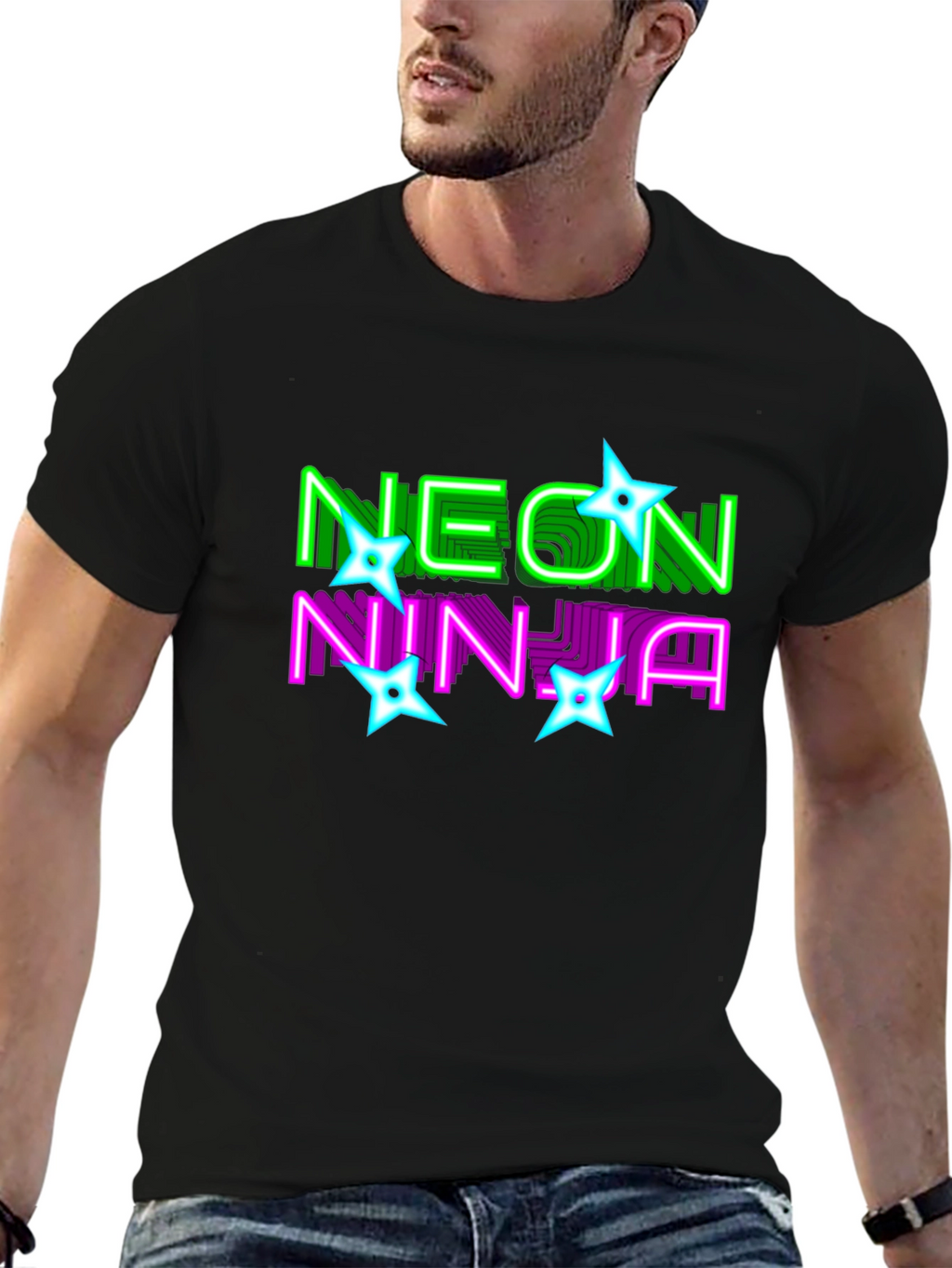 Neon Ninja Graphic Print Black T-Shirt