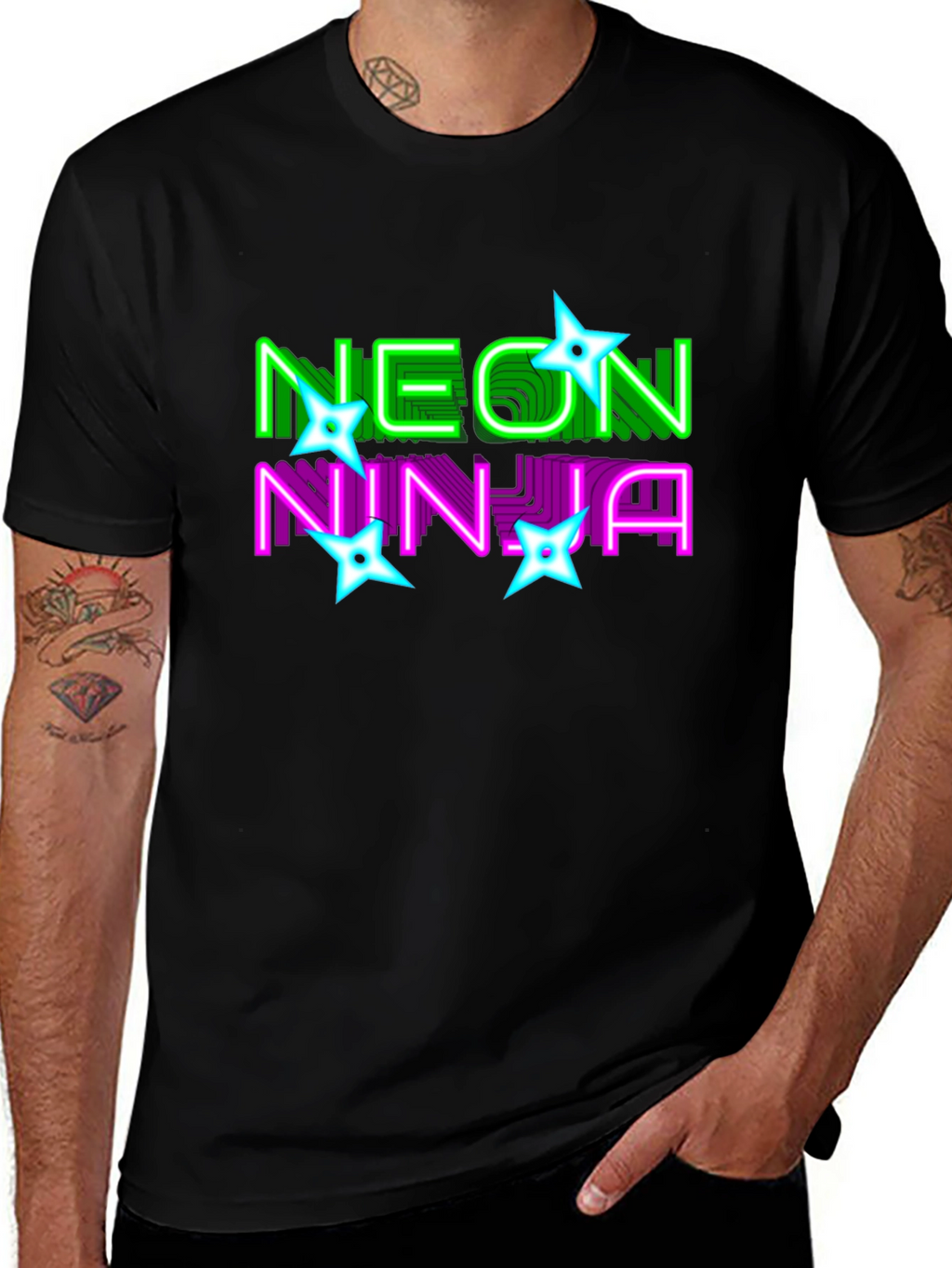 Neon Ninja Graphic Print Black T-Shirt
