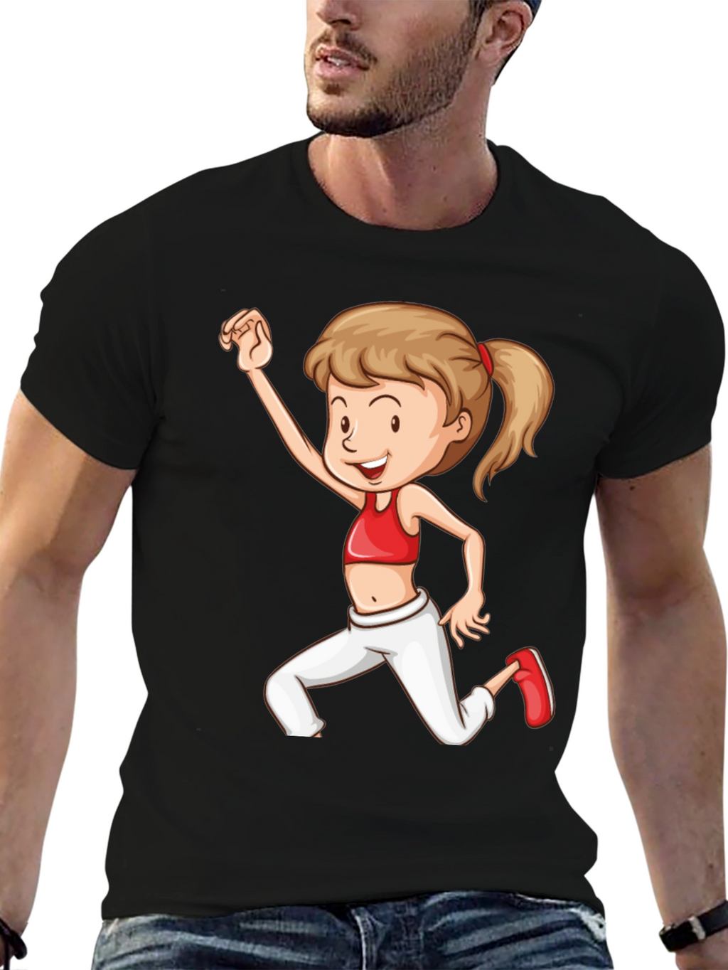 Girl Cartoon Print Black T-Shirt