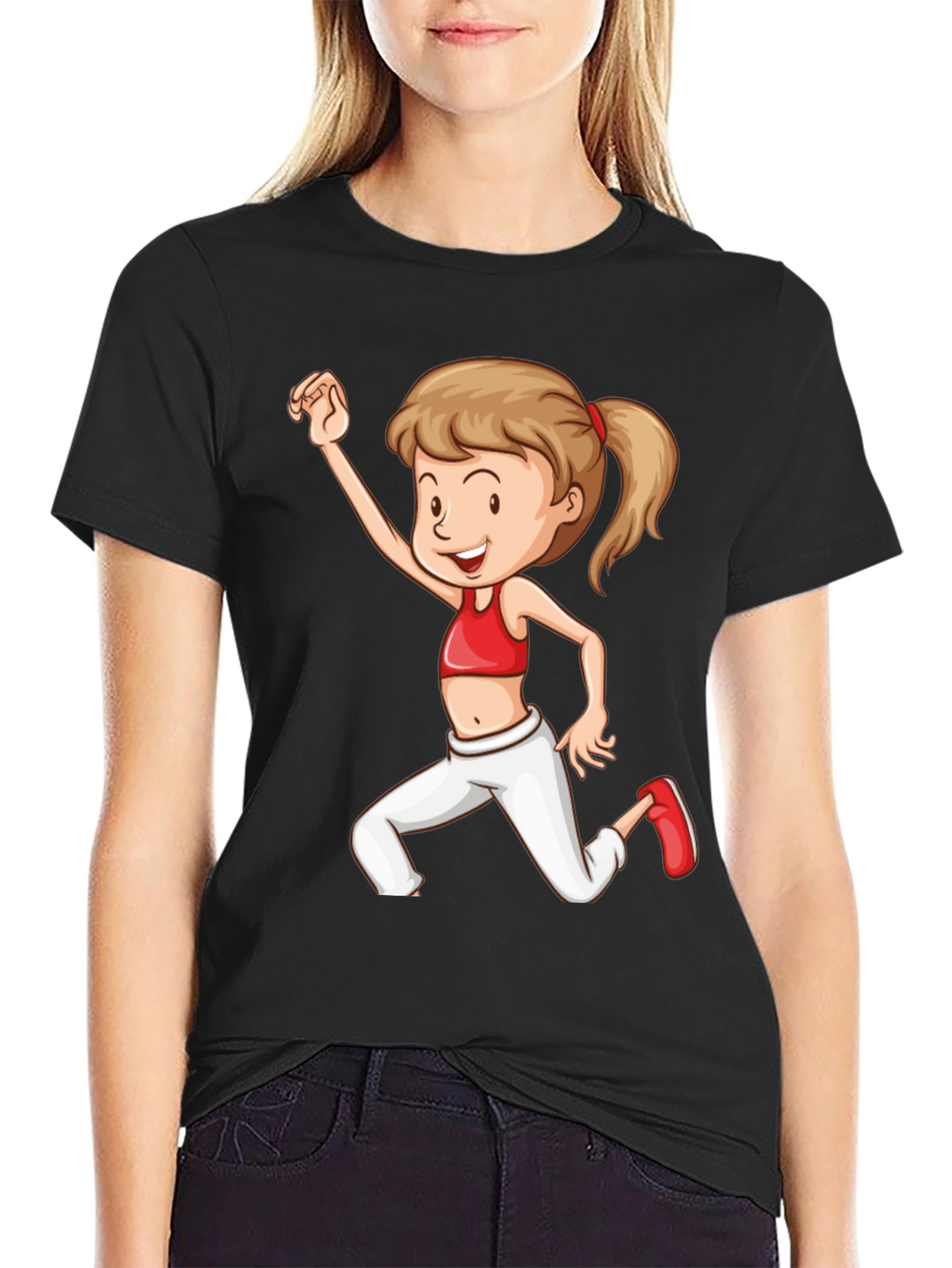 Girl Cartoon Print Black T-Shirt