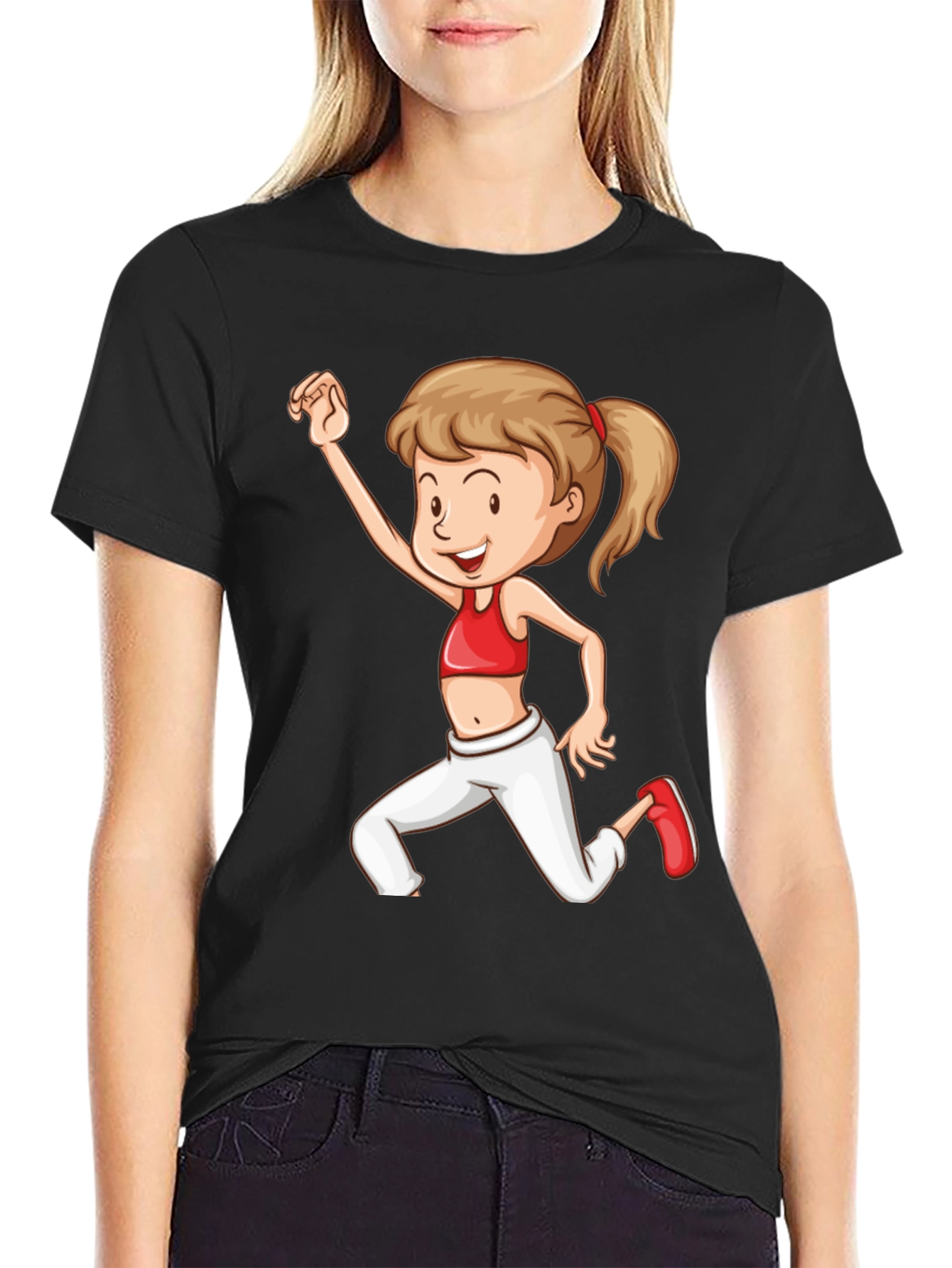 Girl Cartoon Print Black T-Shirt