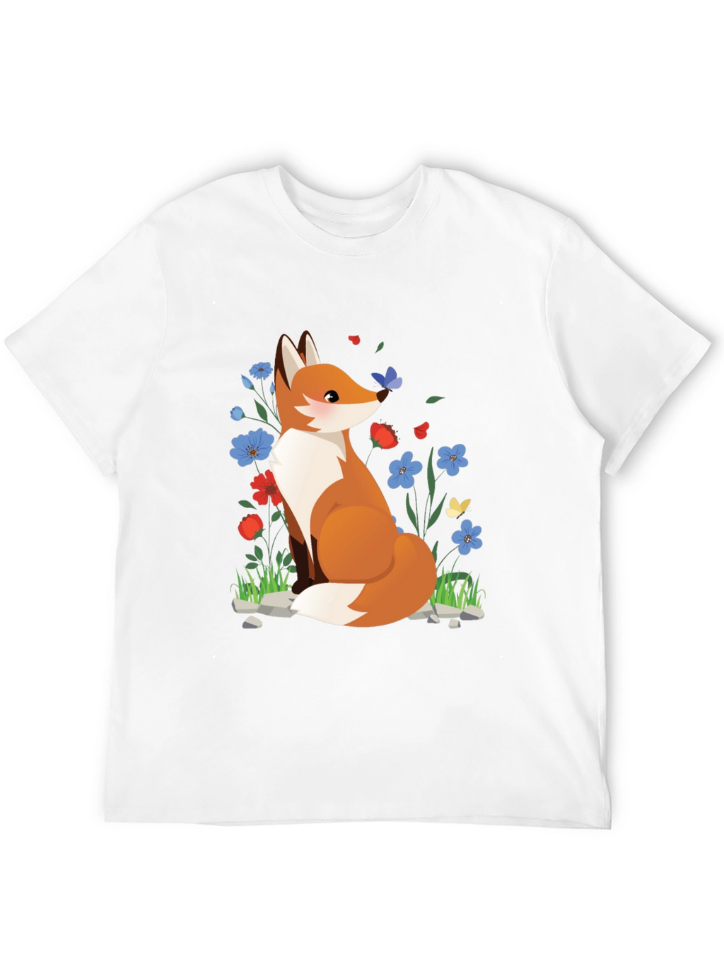 Fox and Floral Print Black T-Shirt