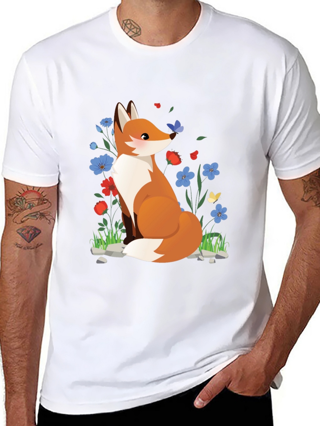 Fox and Floral Print Black T-Shirt