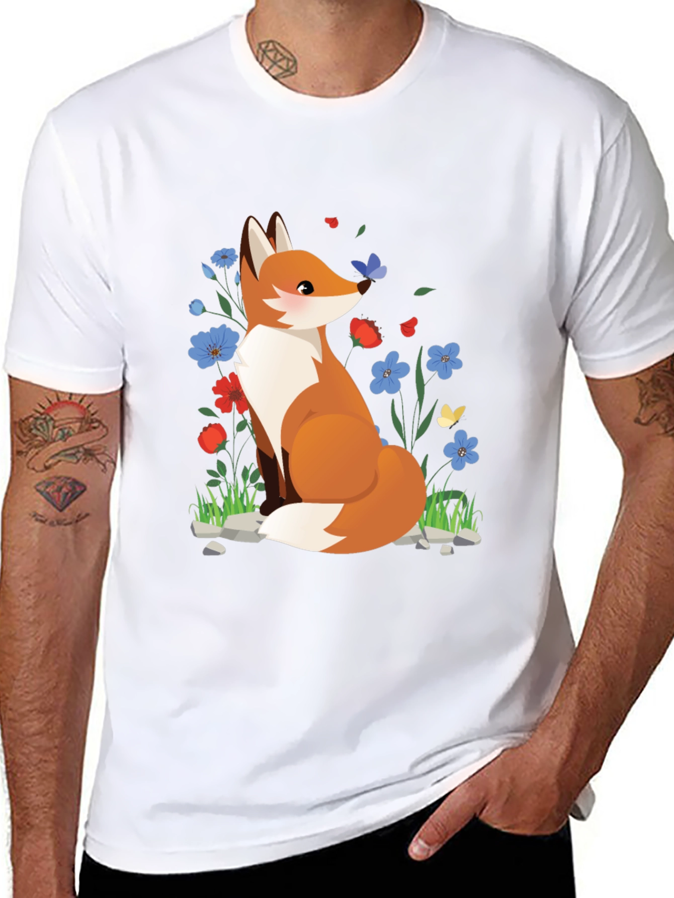Fox and Floral Print Black T-Shirt