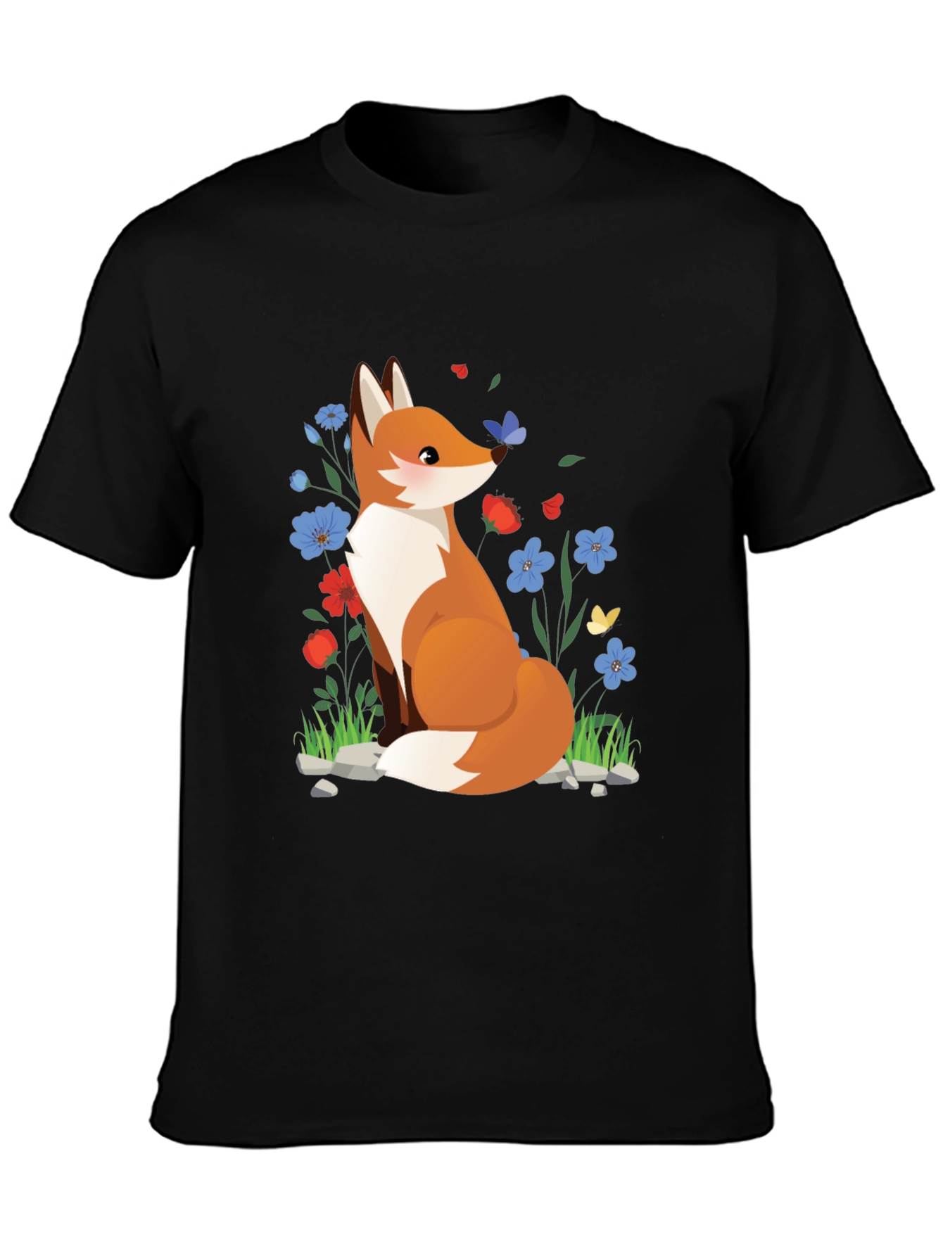Fox and Floral Print Black T-Shirt