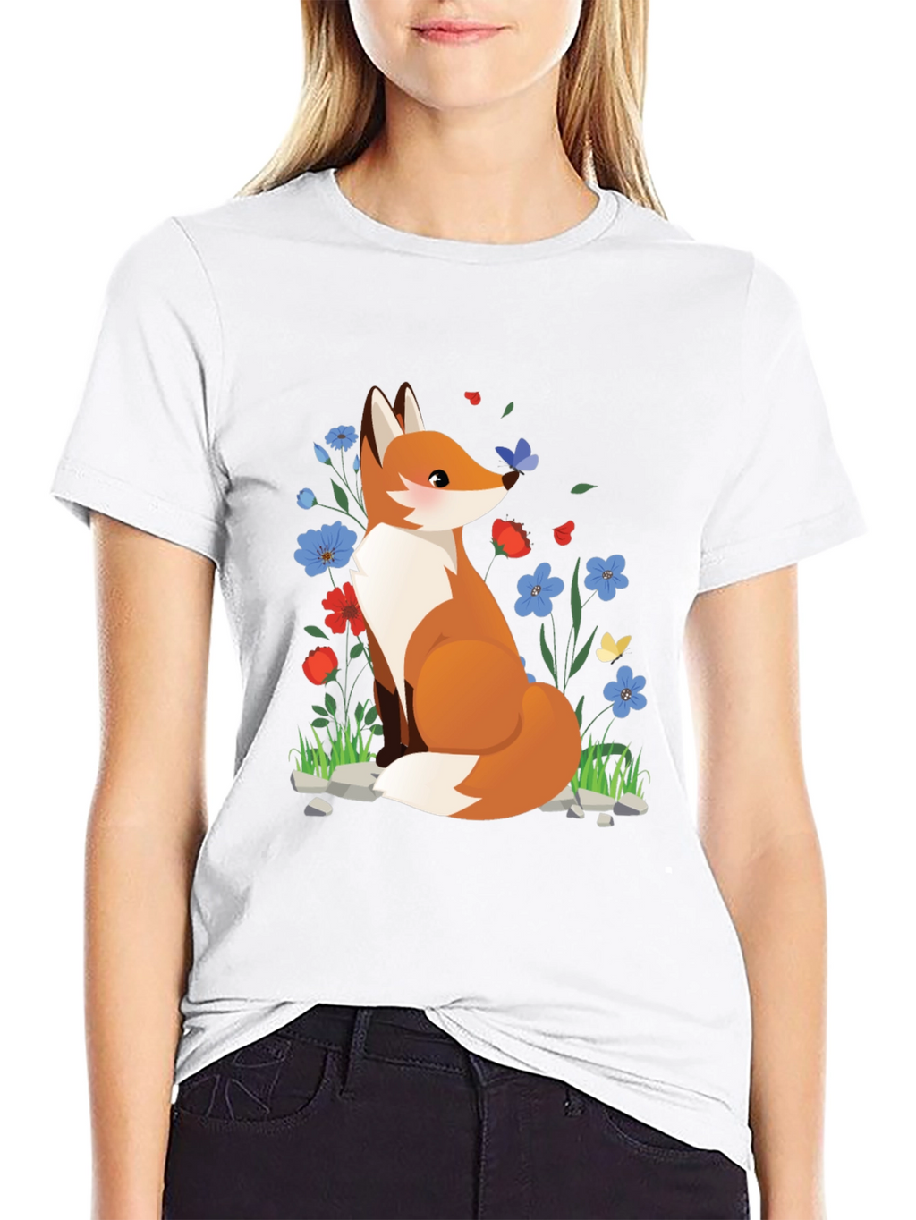 Fox and Floral Print Black T-Shirt