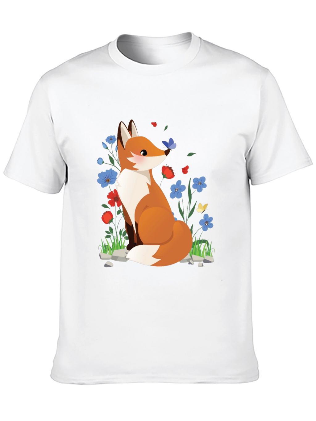Fox and Floral Print Black T-Shirt