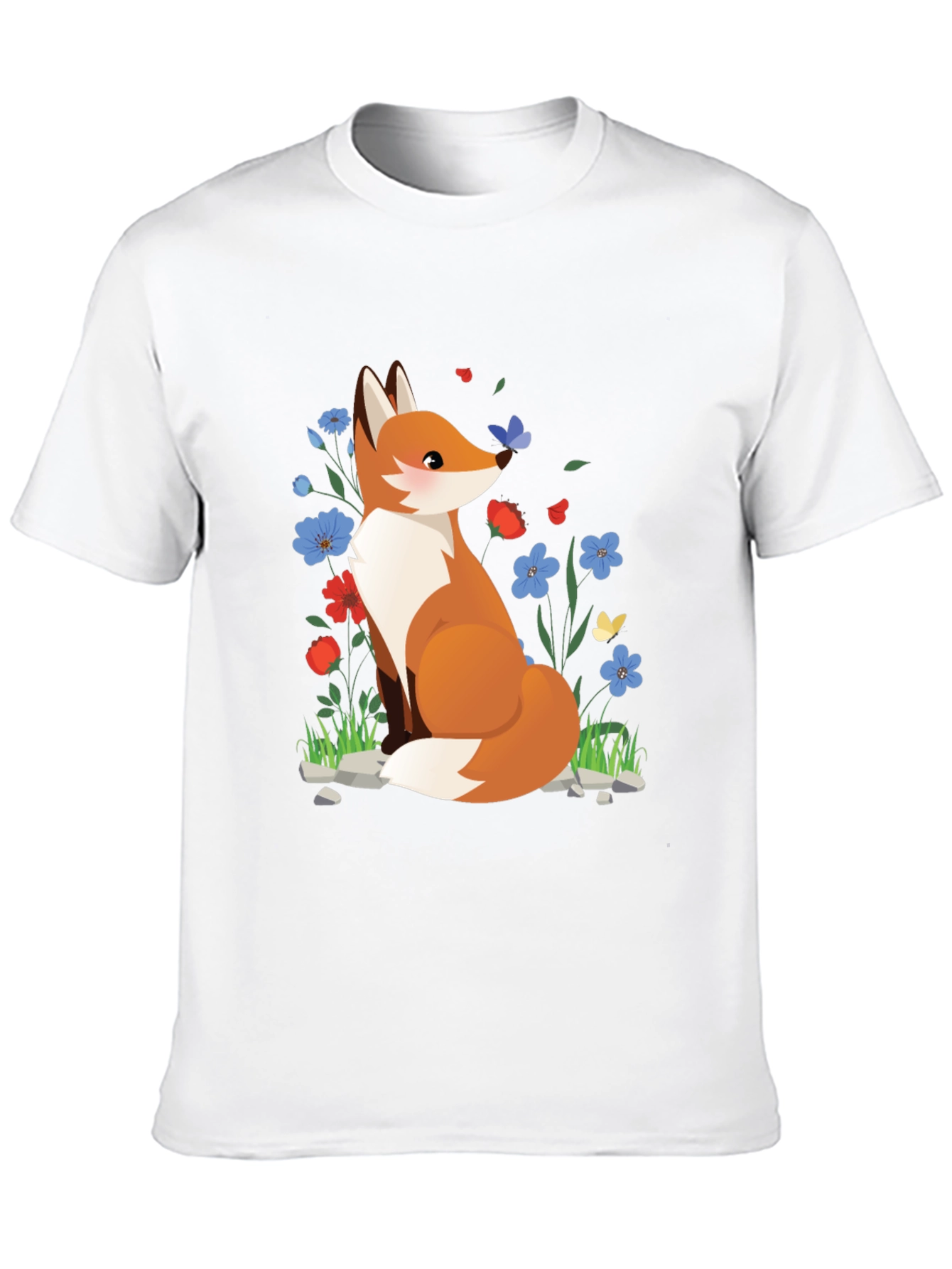 Fox and Floral Print Black T-Shirt