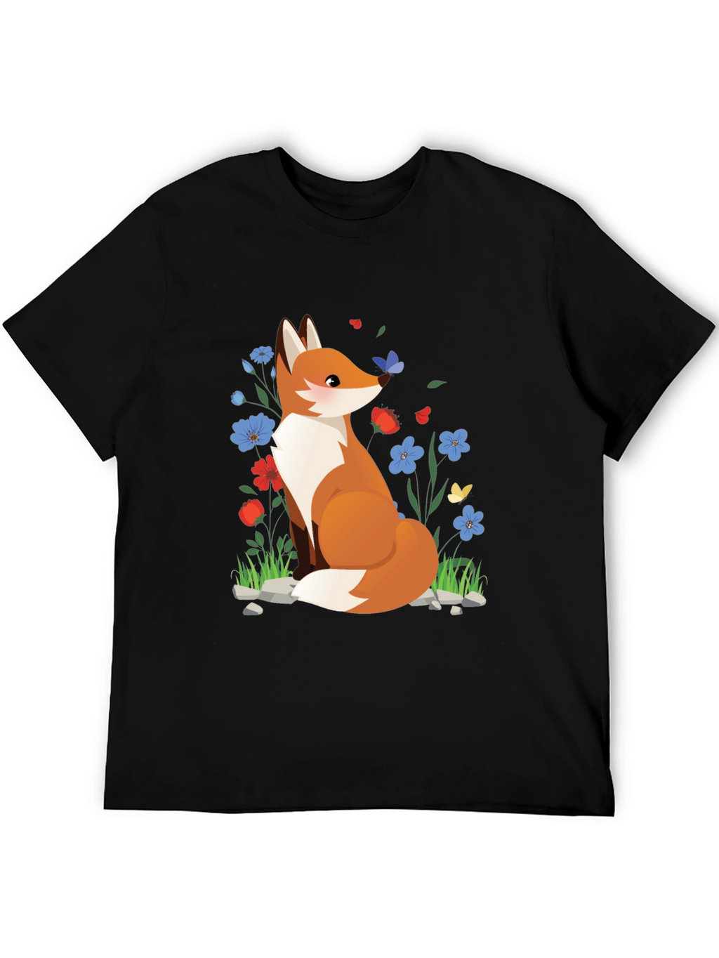 Fox and Floral Print Black T-Shirt