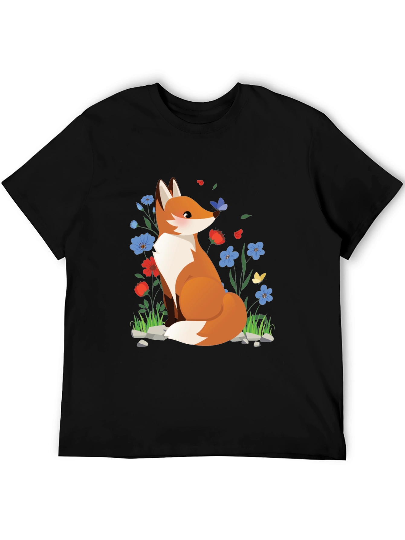 Fox and Floral Print Black T-Shirt