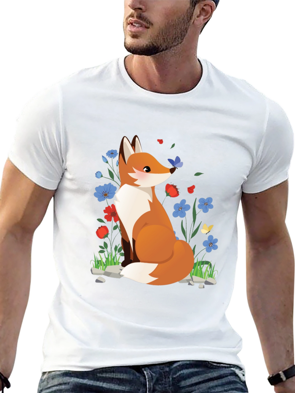 Fox and Floral Print Black T-Shirt