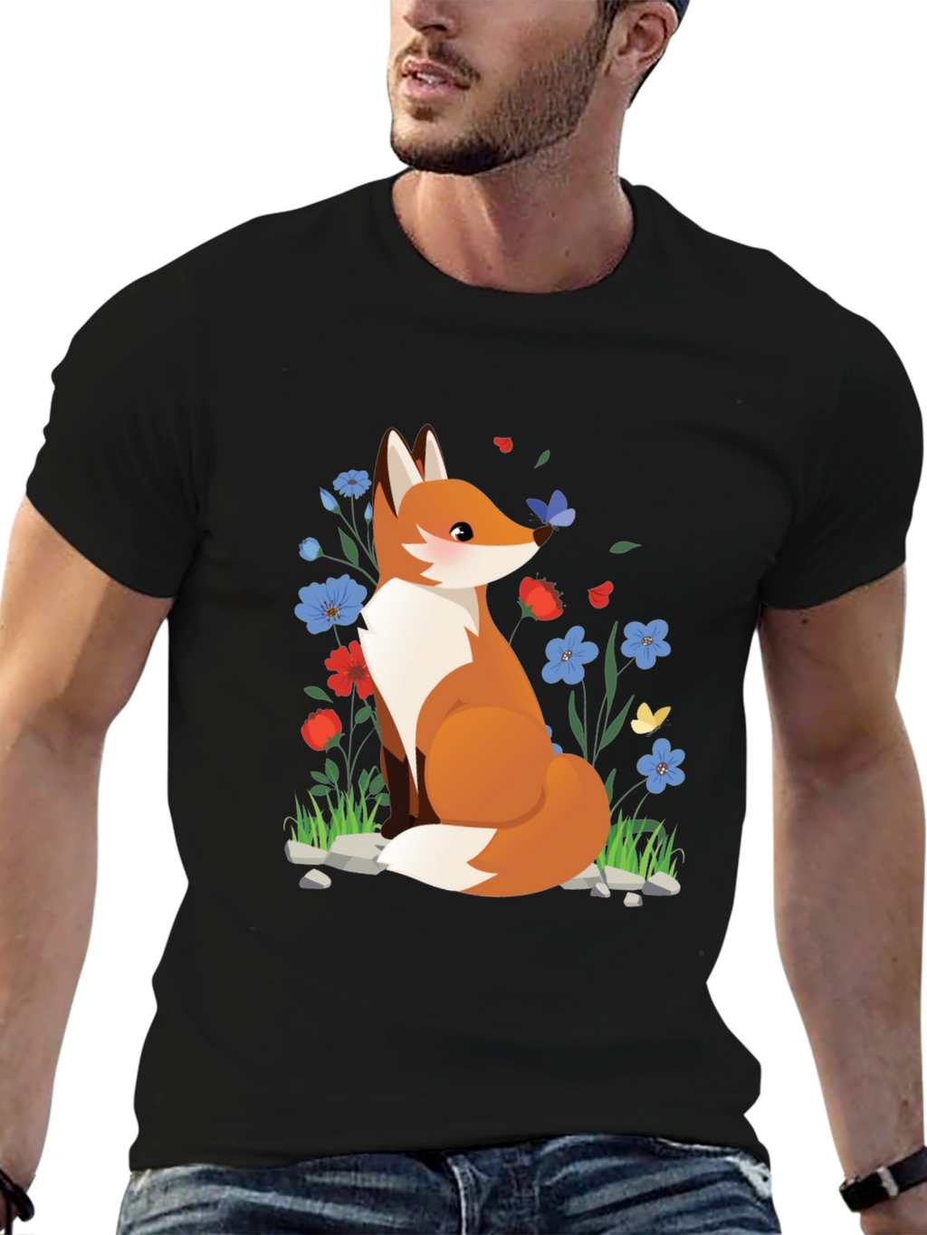 Fox and Floral Print Black T-Shirt